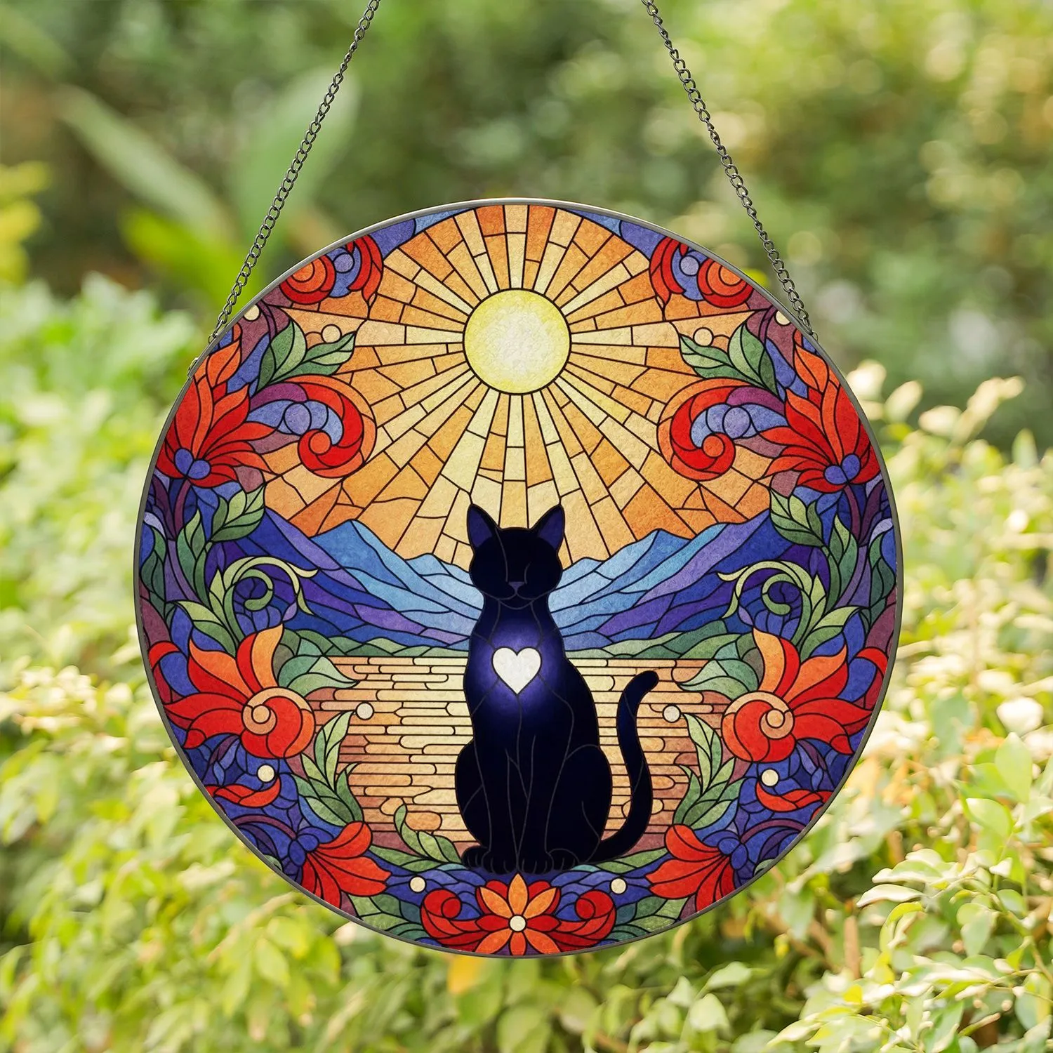 Black Cat Glowing Heart Stained Glass Flowers Tiffany Mosaic Radiant Sun Landscape Stained Glass Suncatcher - 1
