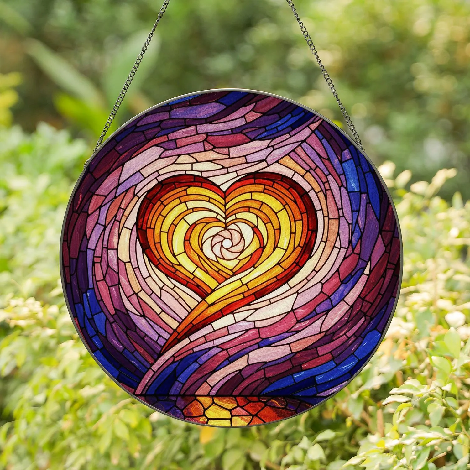 Coiled Heart Spiral Stained Glass - Expanding Arms Geometric Mosaic Jewel Tone Art Stained Glass Suncatcher - 1