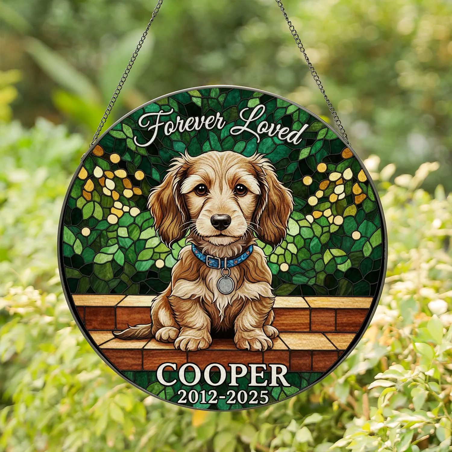 Tan Dachshund Puppy Stained Glass Forever Loved COOPER 2012-2025 Pet Memorial Tribute Stained Glass Suncatcher - 1