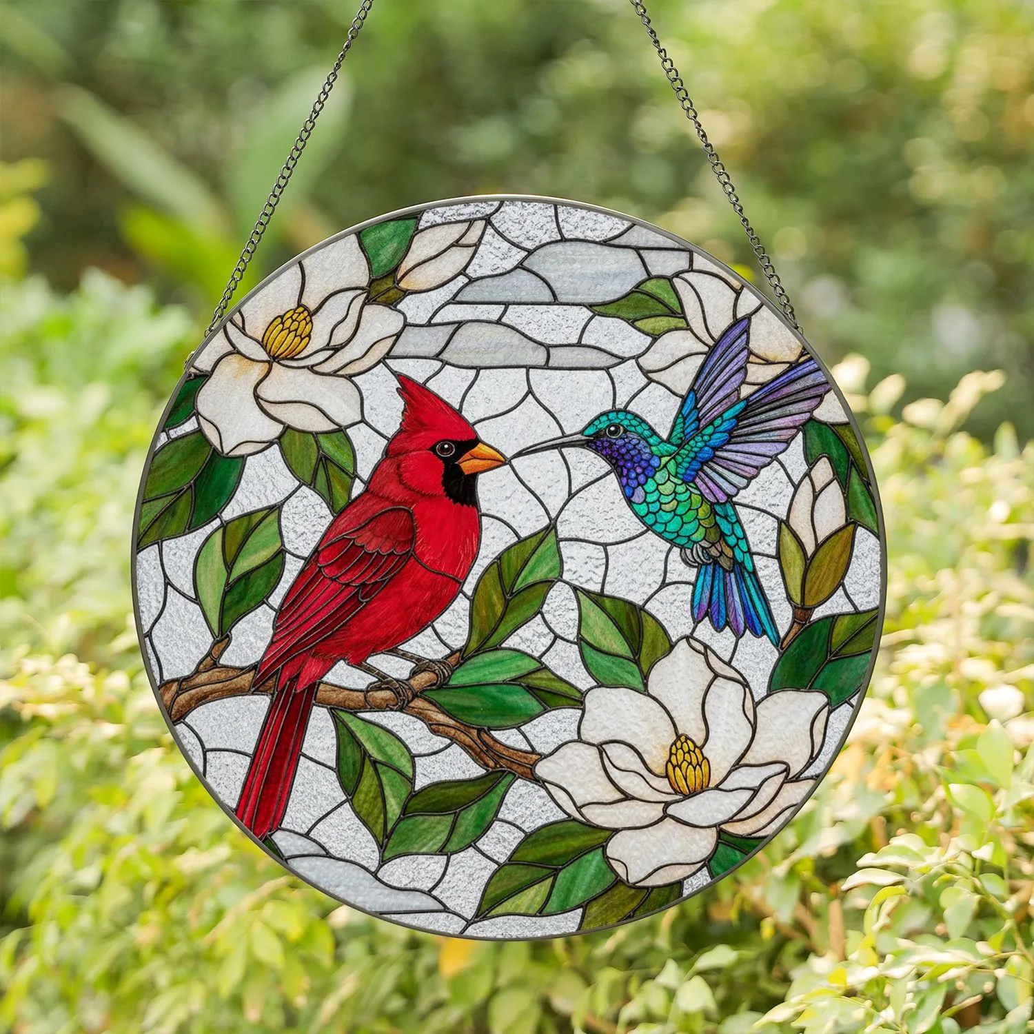 Red Cardinal & Hummingbird Stained Glass Mosaic - Magnolia Tiffany Style Nature Decor Stained Glass Suncatcher - 1