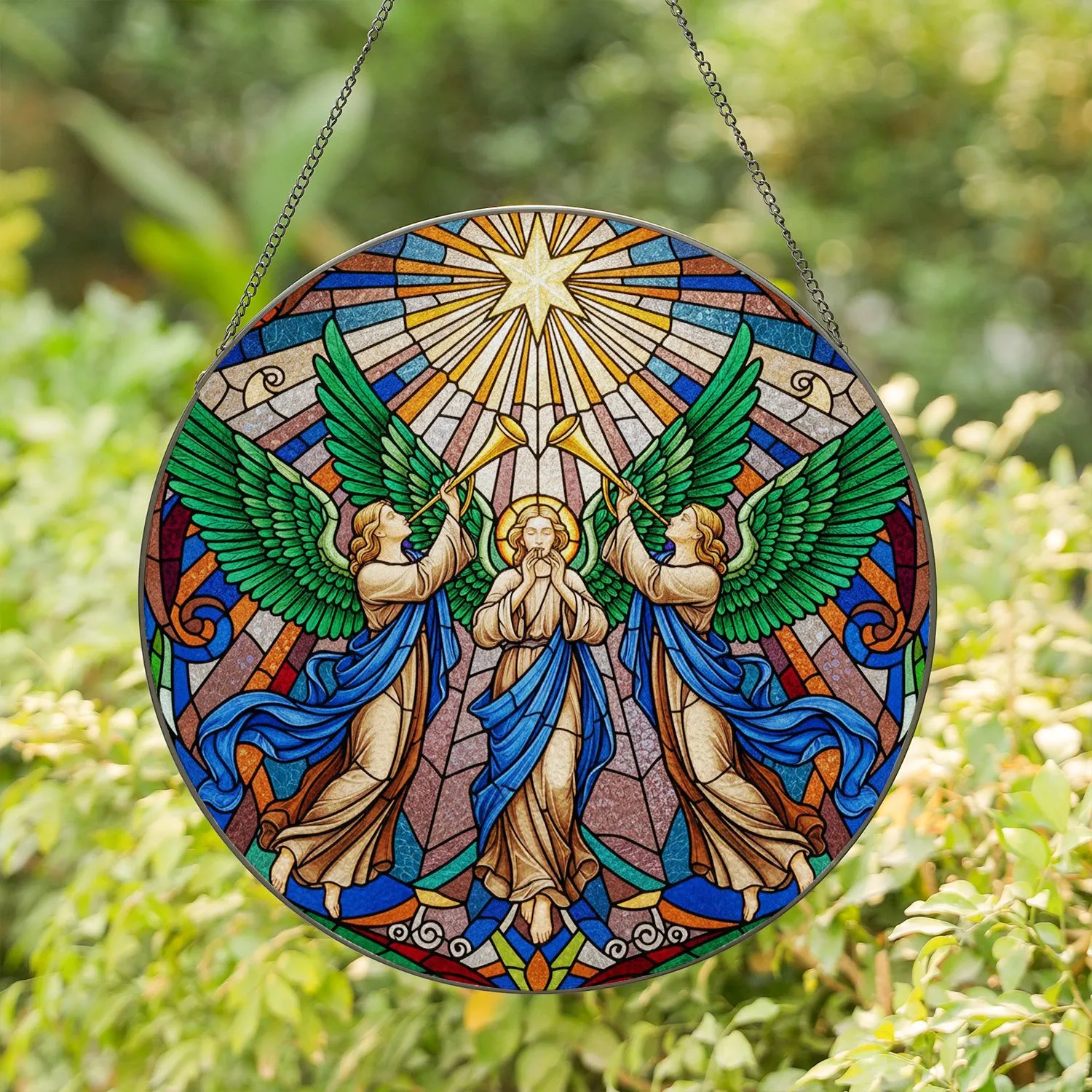 Three Angels Trumpet Star Tiffany Stained Glass Celestial Sky Mosaic Art - Glowing Translucent Jewels Stained Glass Suncatcher - 1
