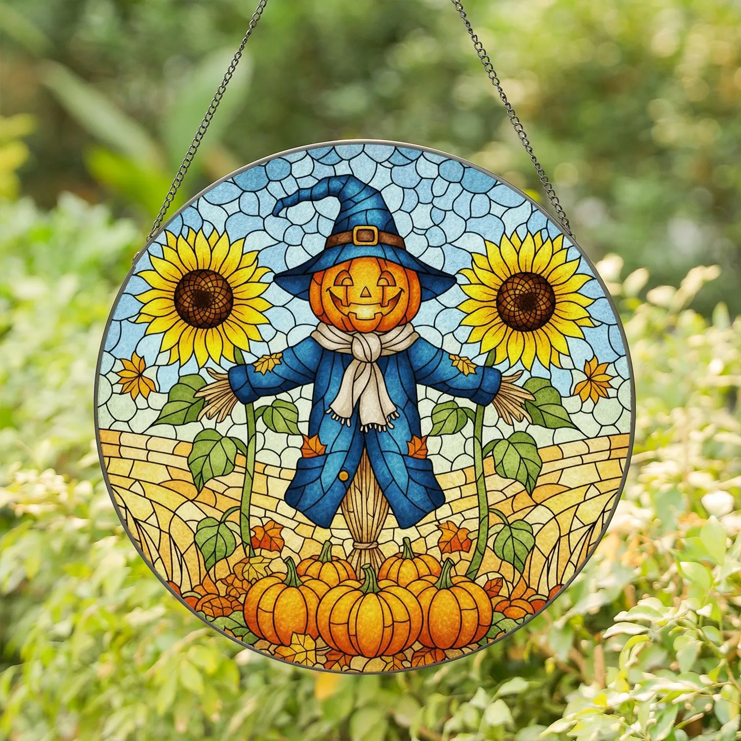 Scarecrow Grinning Pumpkin Sunflowers Mosaic Stained Glass Harvest Field Autumn Decor Stained Glass Suncatcher - 1