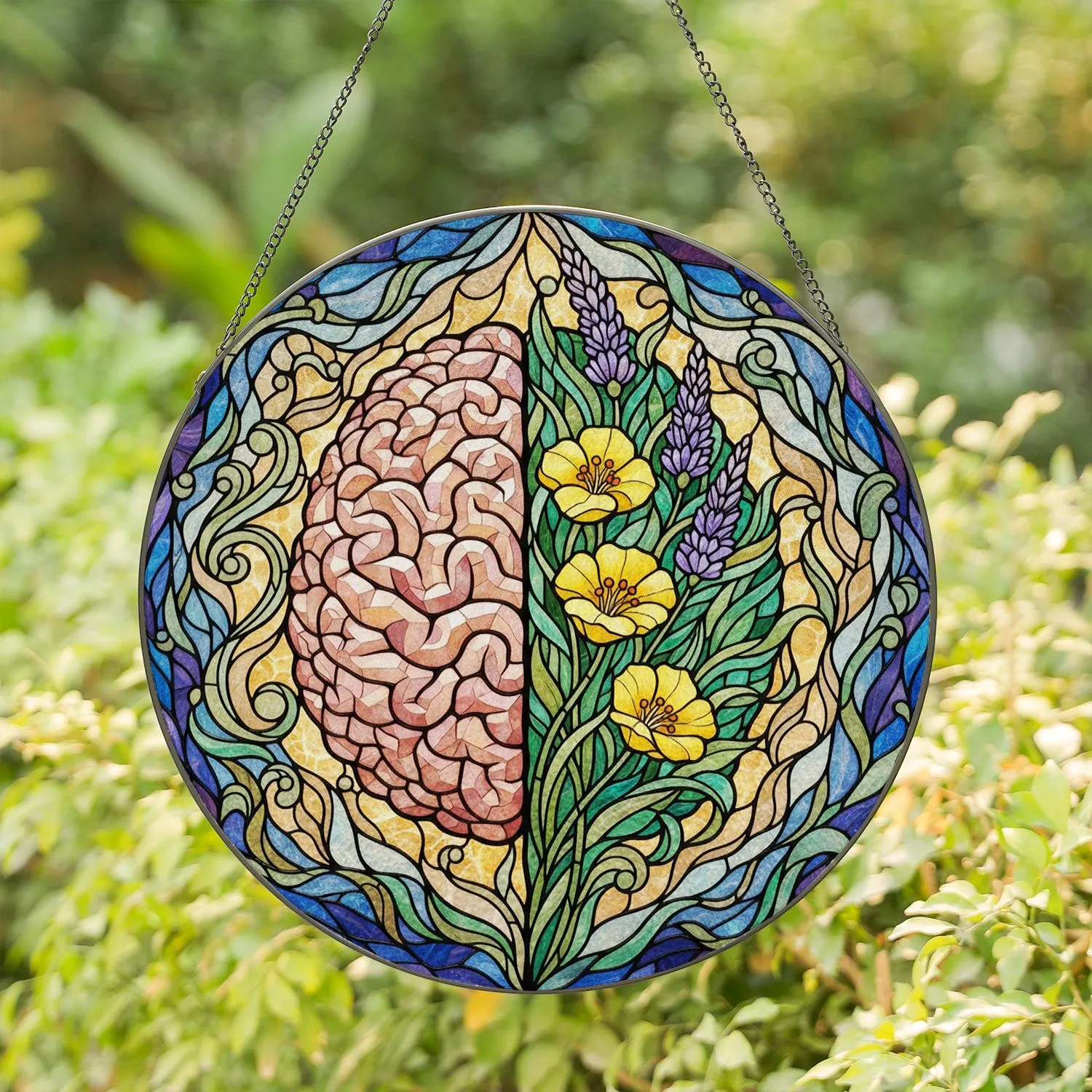 Brain to Flowers Stained Glass - Cerebrum & Botanical Bloom Tiffany Style Art Stained Glass Suncatcher - 1