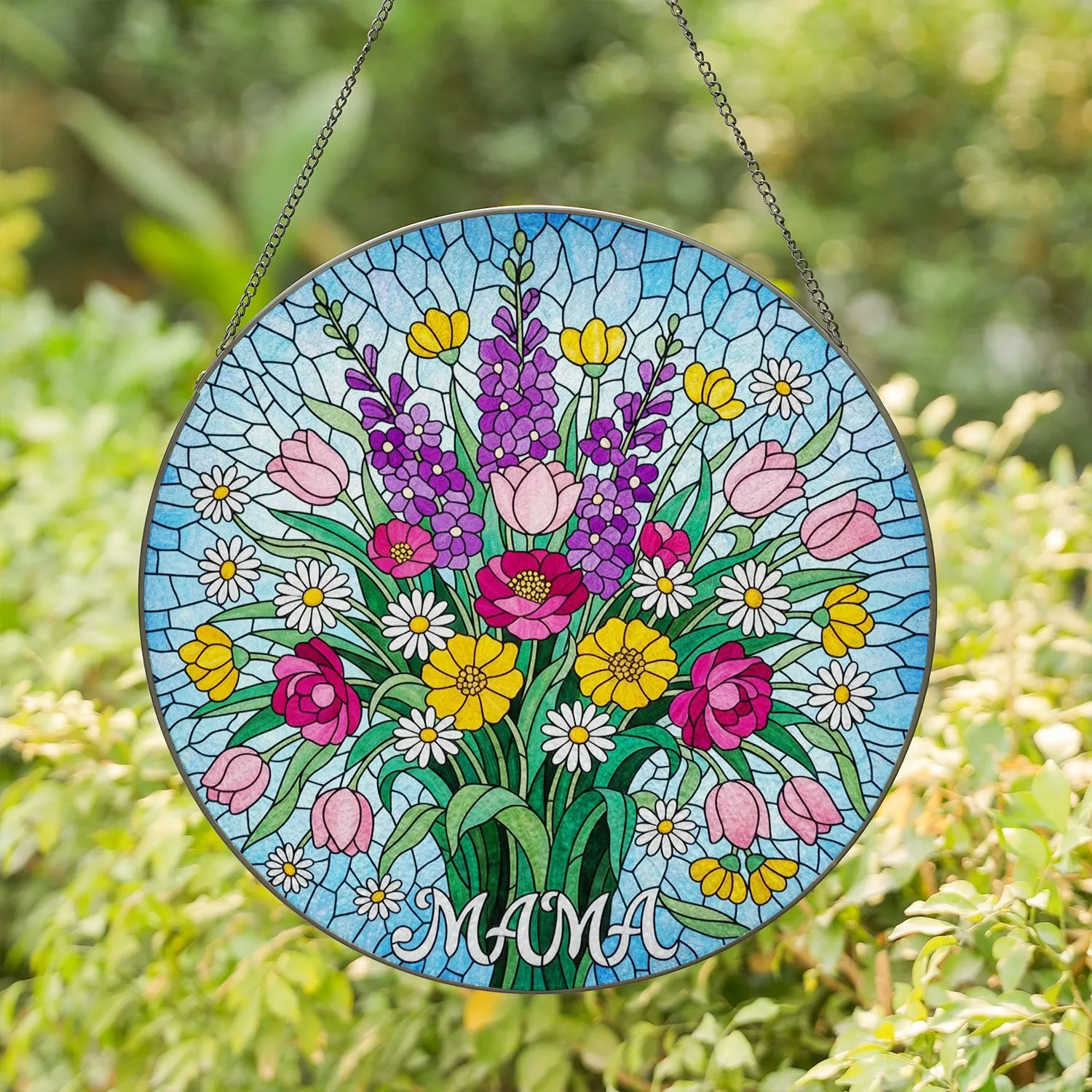 Tiffany Style Stained Glass Spring Flowers Bouquet 'MAMA' Script - Mother's Day Gift Stained Glass Suncatcher - 1