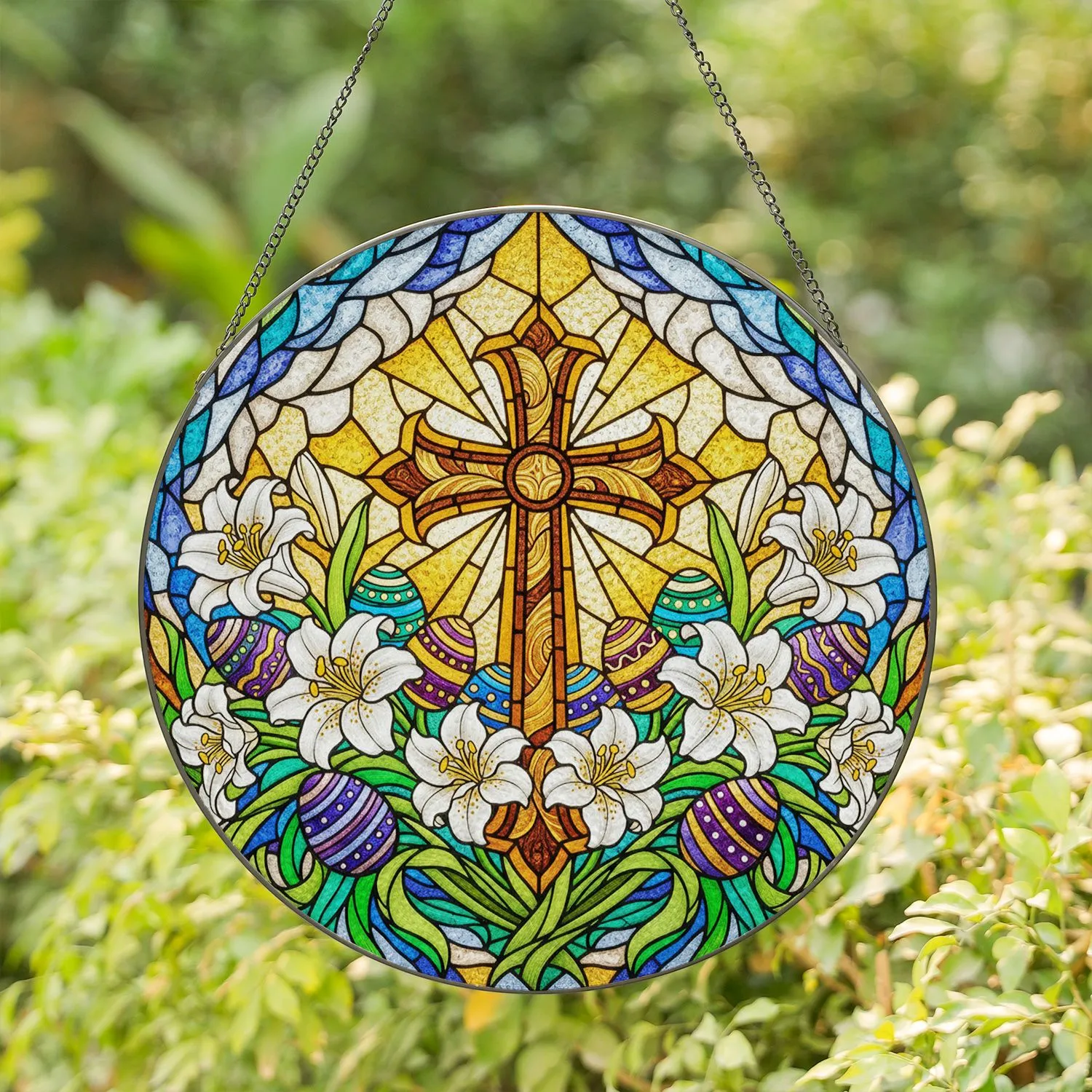 Highly Detailed Ornate Cross Easter Lilies Eggs - Tiffany Stained Glass Mosaic Art Stained Glass Suncatcher - 1