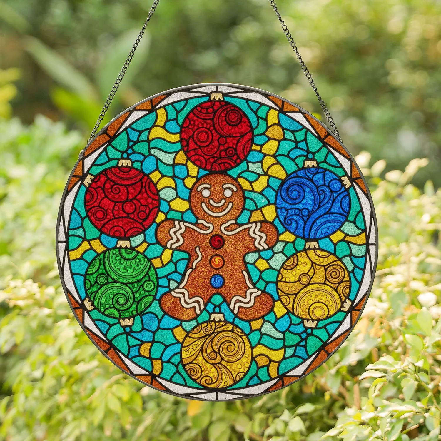 Tiffany Glass Gingerbread Man Candy Ornaments - Swirling Jewel Tone Holiday Decor Stained Glass Suncatcher - 1
