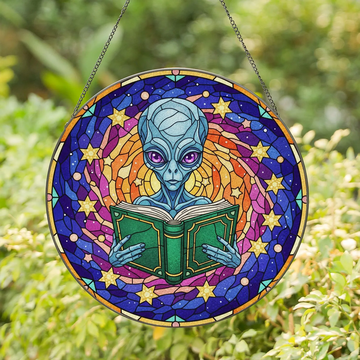Alien Reading Emerald Book Galaxy Stained Glass Art - Tiffany Style Cosmic Home Decor Gift Stained Glass Suncatcher - 1