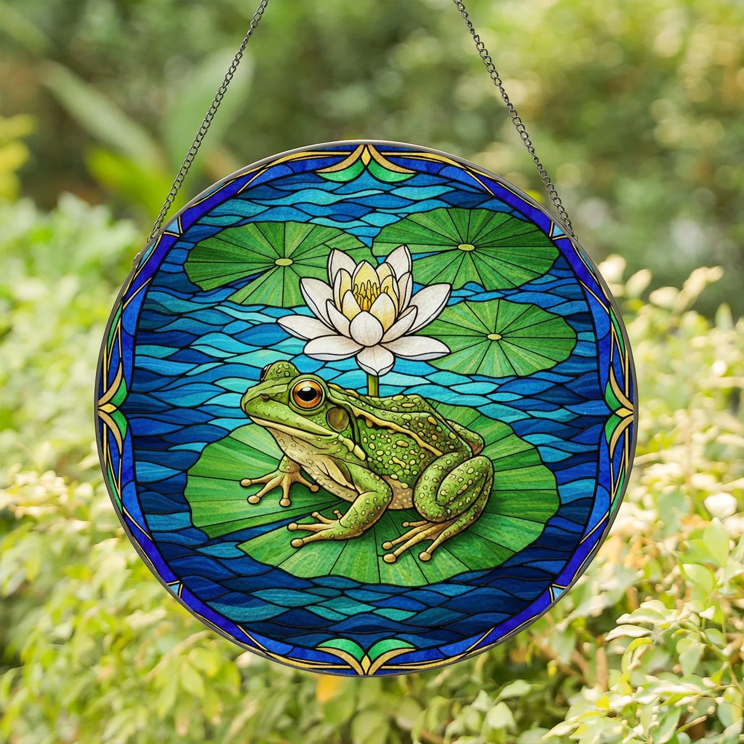Vibrant Green Tree Frog Lily Pad Stained Glass Tiffany Style Water Lily Pond Stained Glass Suncatcher - 1