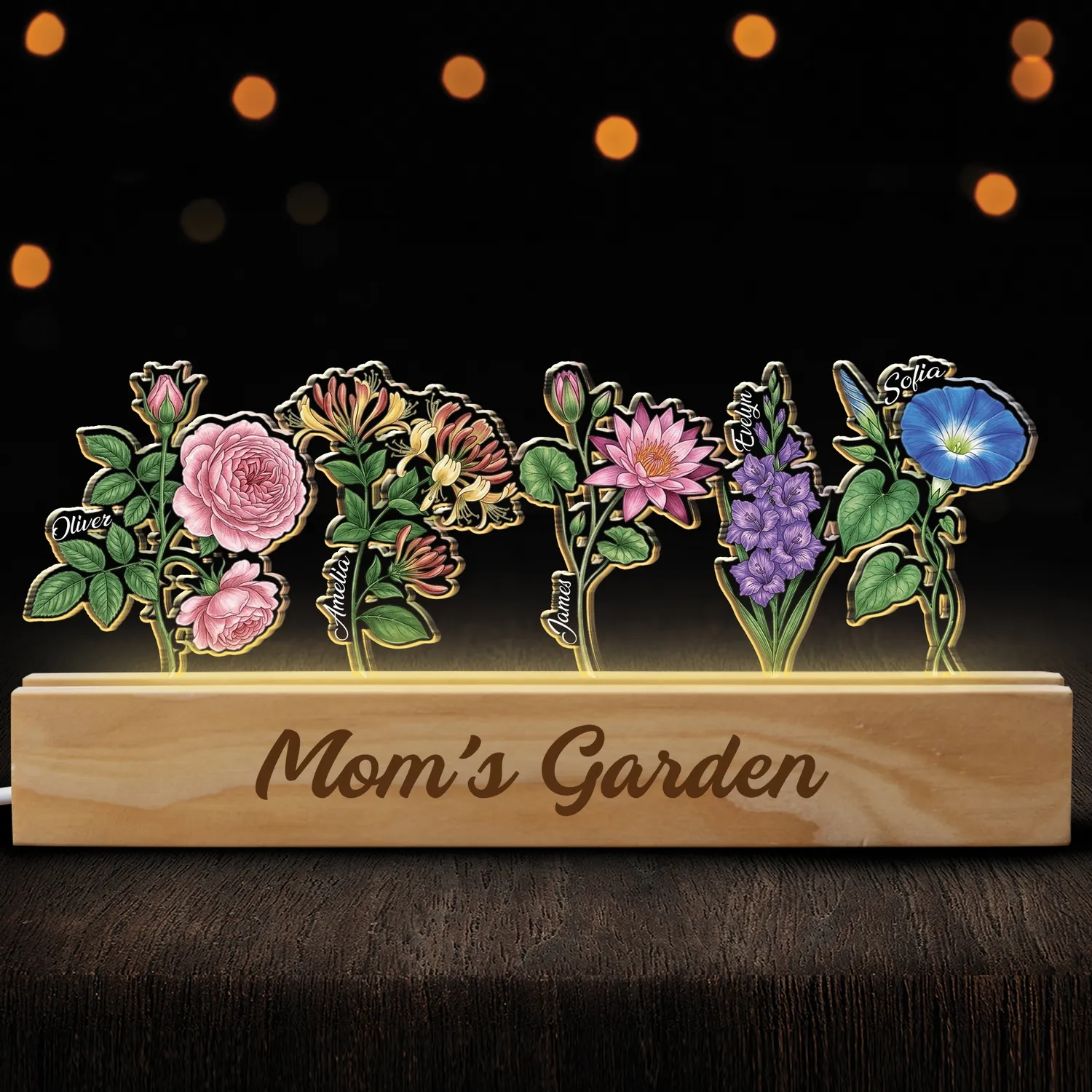 Personalized Acrylic LED Night Light, Grandma's Garden Birth Month Flowers, Custom Floral LED Ligh with Your Name, Christmas Gifts for Mom - 1