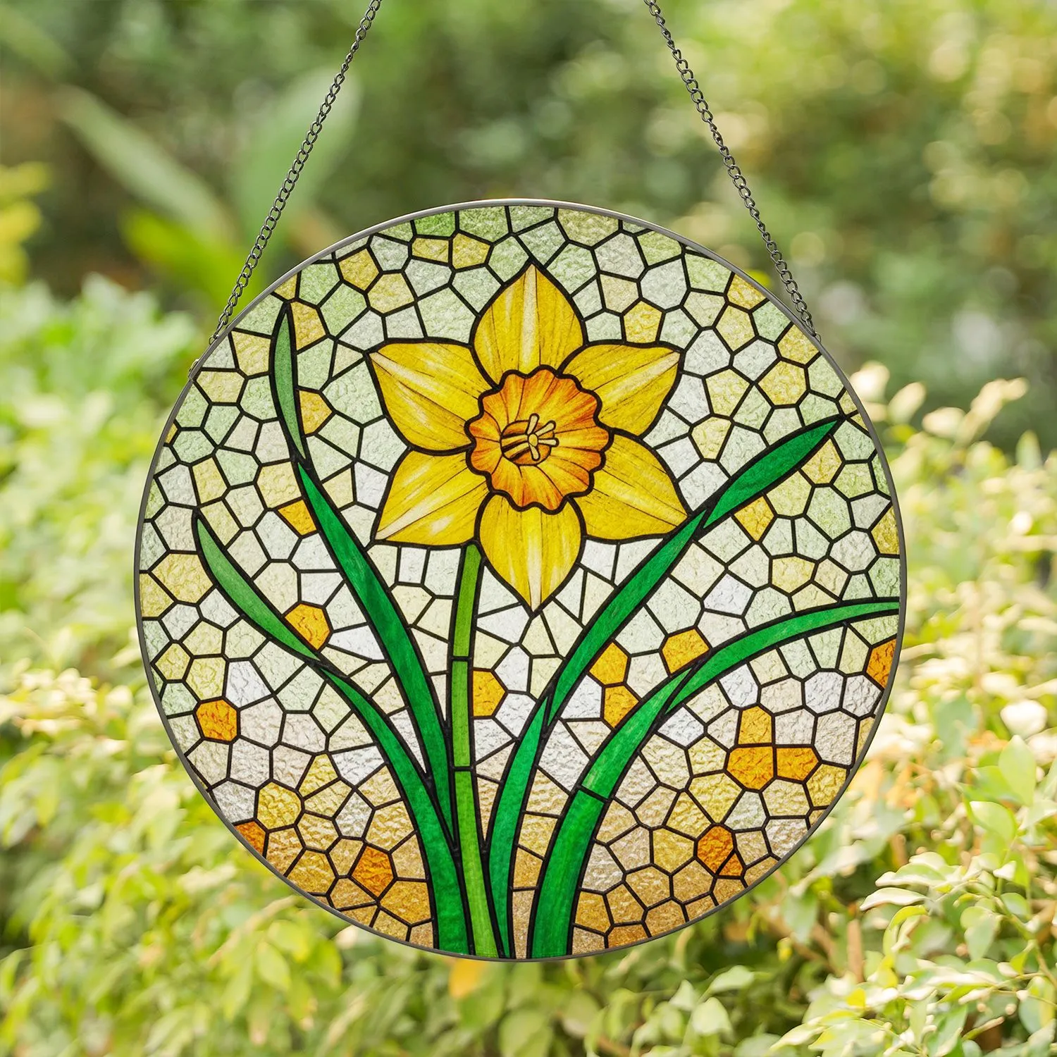 Daffodil Flower Tiffany Stained Glass Mosaic Emerald Green Leaves Glowing Jewel Tones Stained Glass Suncatcher - 1