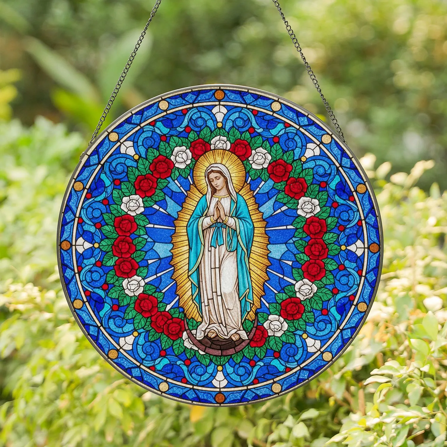 Virgin Mary Devotional Christian Stained Glass, Tiffany Style Rose Wreath Mosaic Stained Glass Suncatcher - 1
