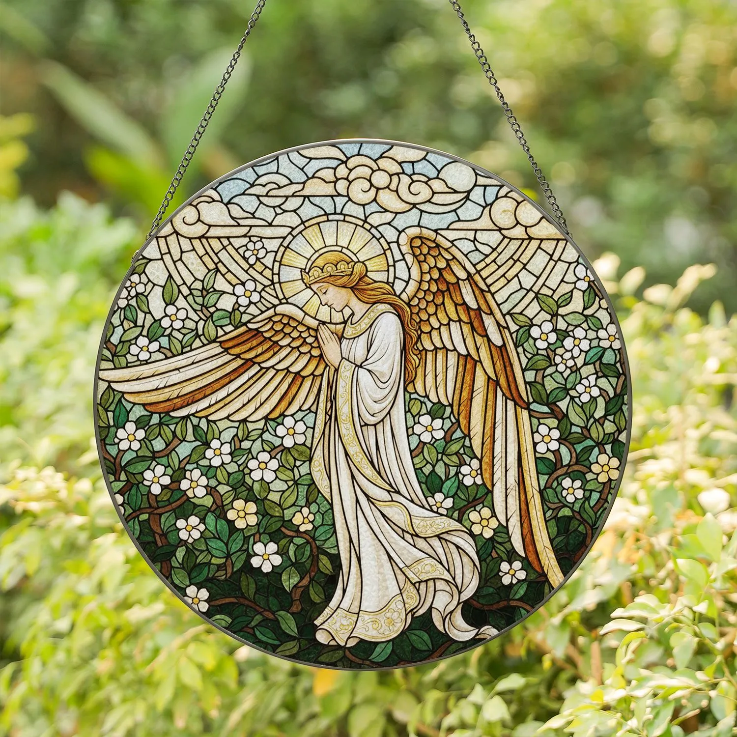 Serene Praying Angel with Wings Stained Glass Tiffany Style - Spiritual Faith Gift Stained Glass Suncatcher - 1