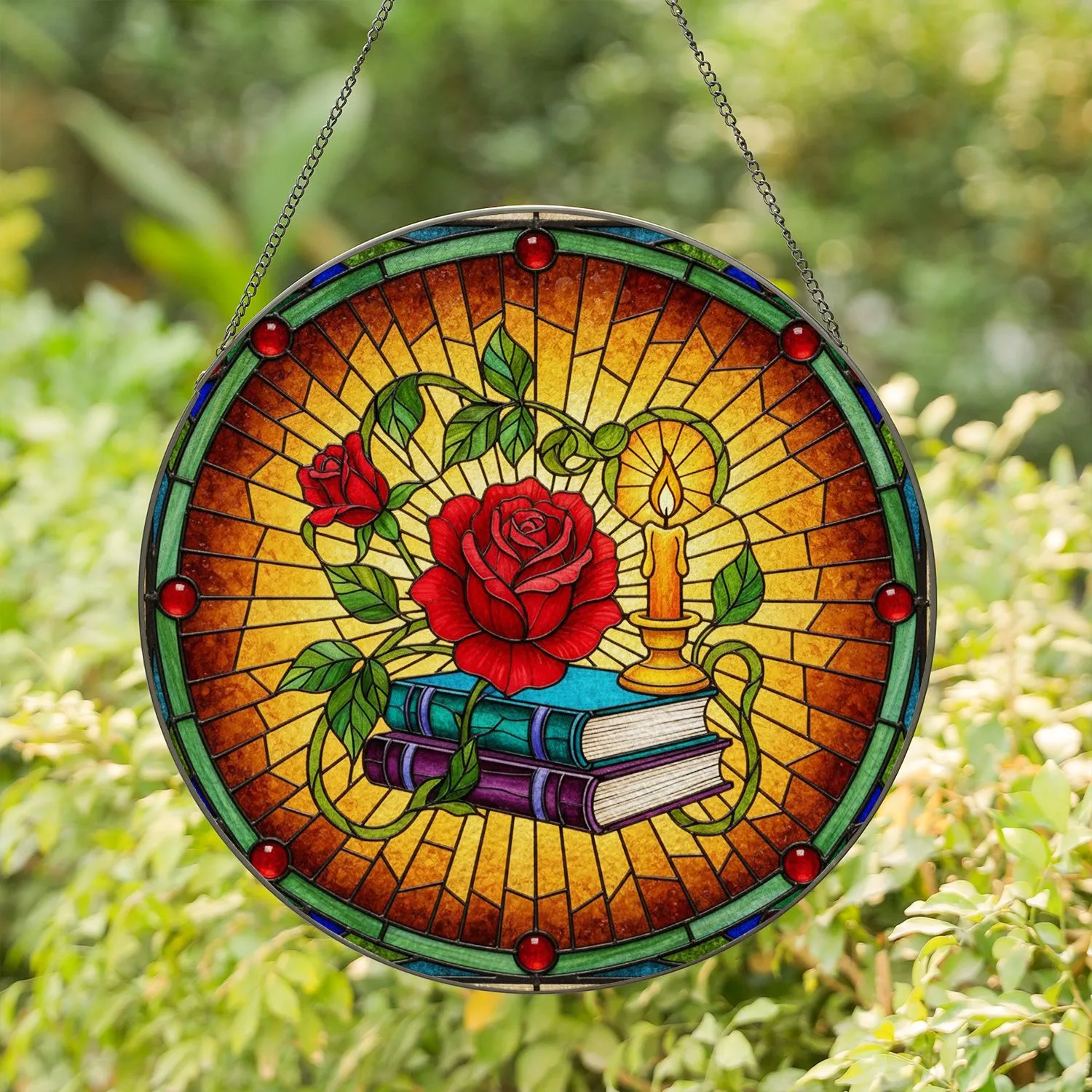 Red Rose Books Candle Stained Glass Art - Tiffany Style Glowing Mosaic Design Stained Glass Suncatcher - 1