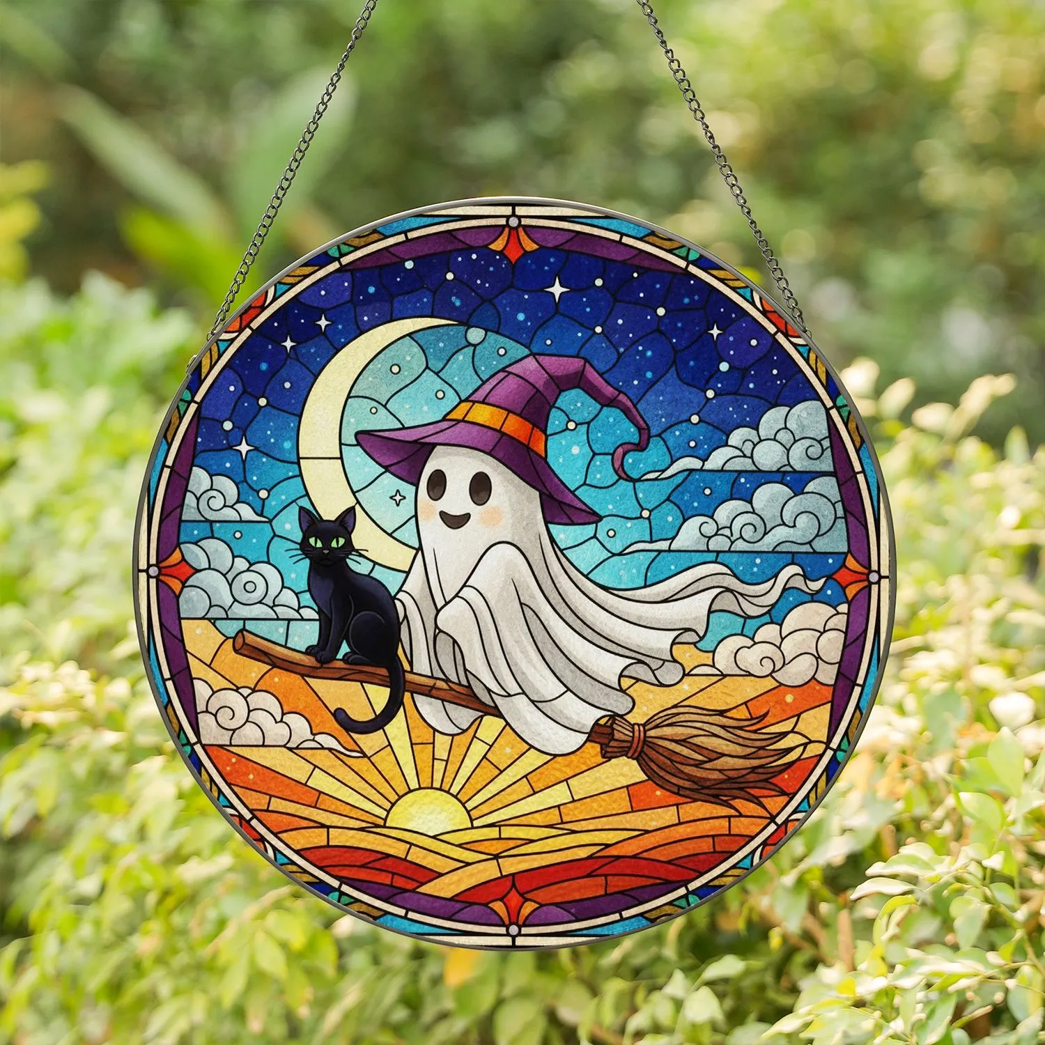 Ghost Witch Hat Black Cat Broom Moon Celestial Night Sky Sunset Stained Glass Panel Stained Glass Suncatcher - 1