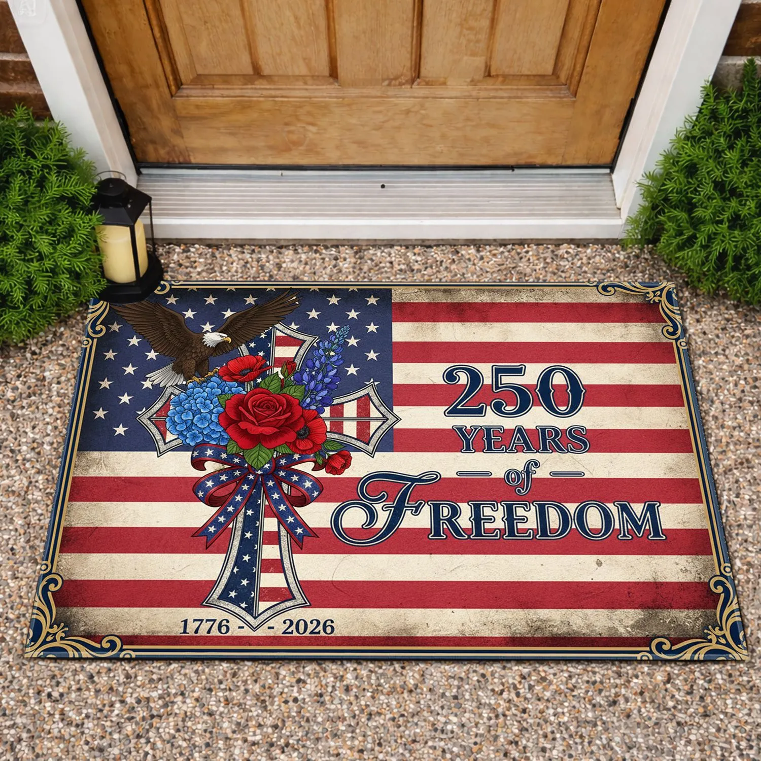 Bald Eagle American Flag Cross 1776-2026 - USA 250th Anniversary of Freedom Doormat - 1
