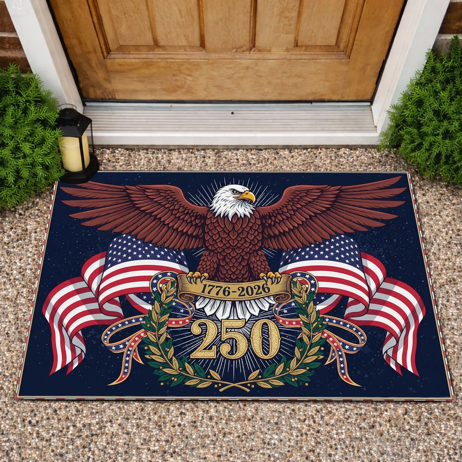 Bald Eagle American Flag 1776-2026 - USA 250th Anniversary Gold Emblem Doormat - 1