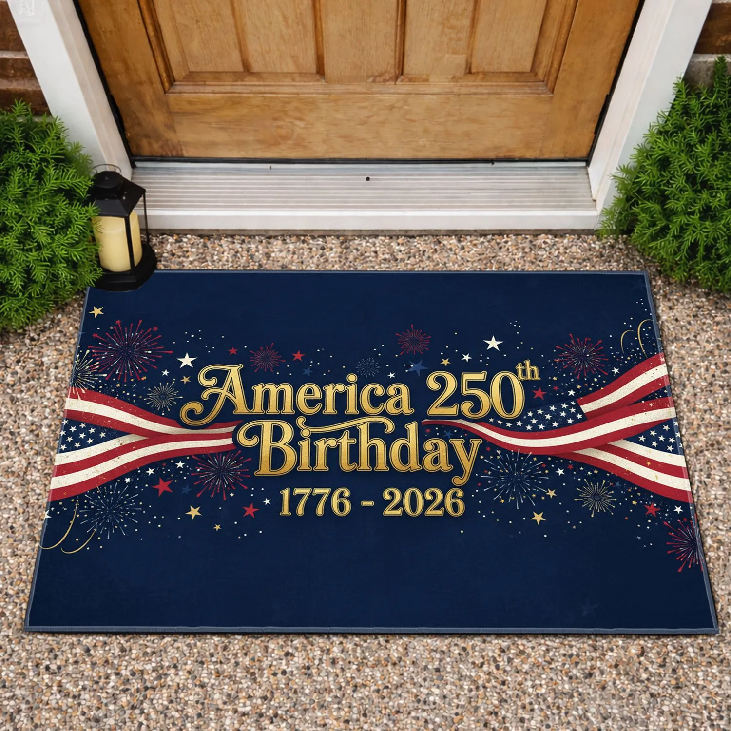 America 250th Birthday 1776-2026 USA Flag Stripes Fireworks Stars American Heritage Doormat - 1