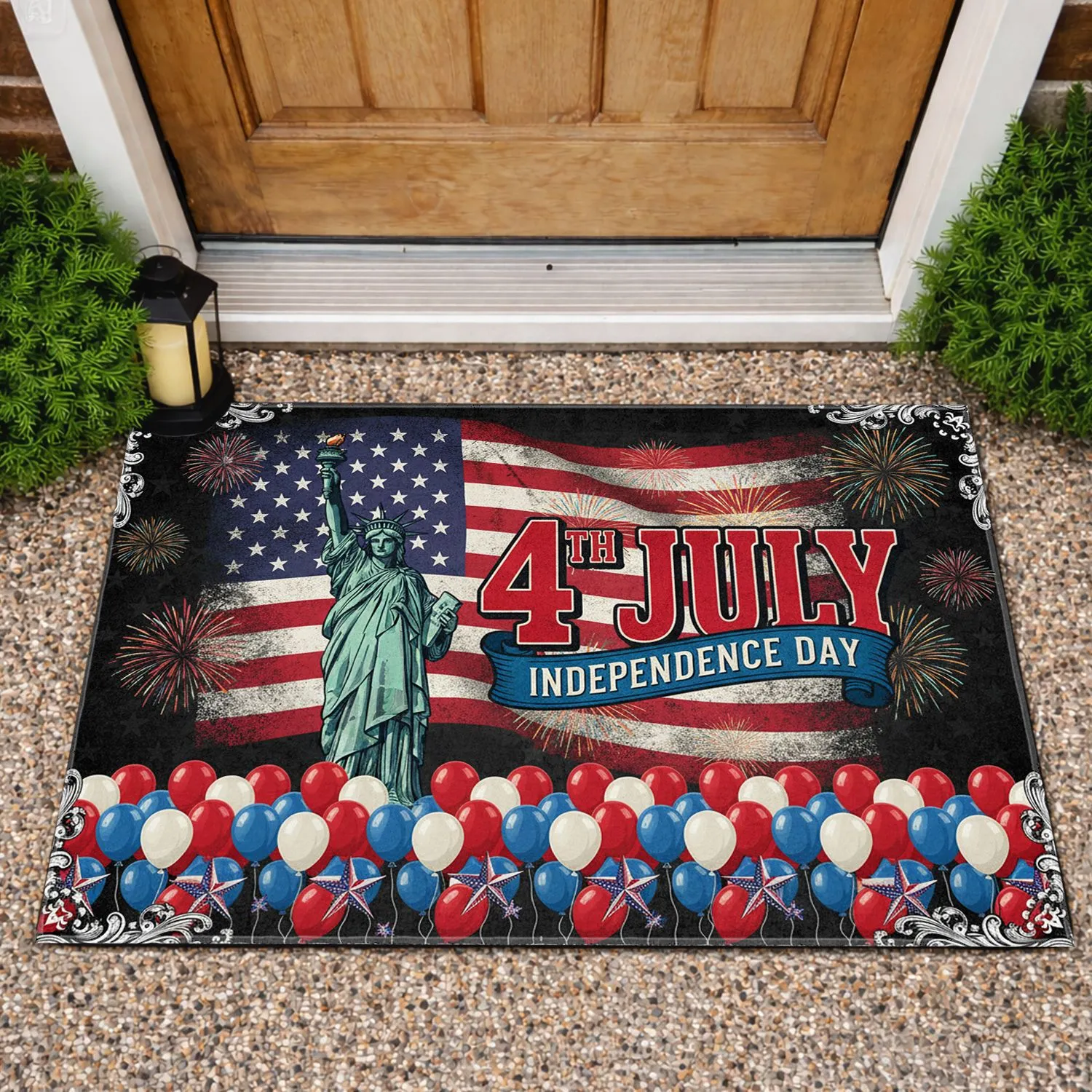 Statue of Liberty American Flag Fireworks Balloons 1776-2026 Independence Day Doormat - 1