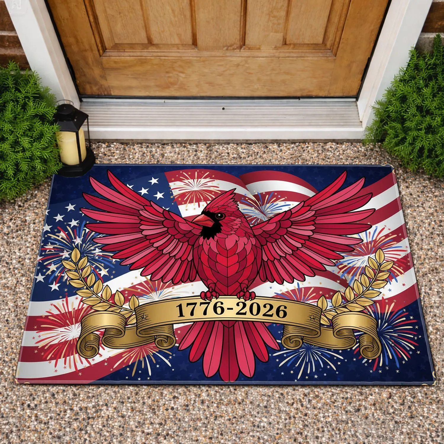 Red Cardinal American Flag 1776-2026 - USA 250th Anniversary Patriotic Commemoration Doormat - 1