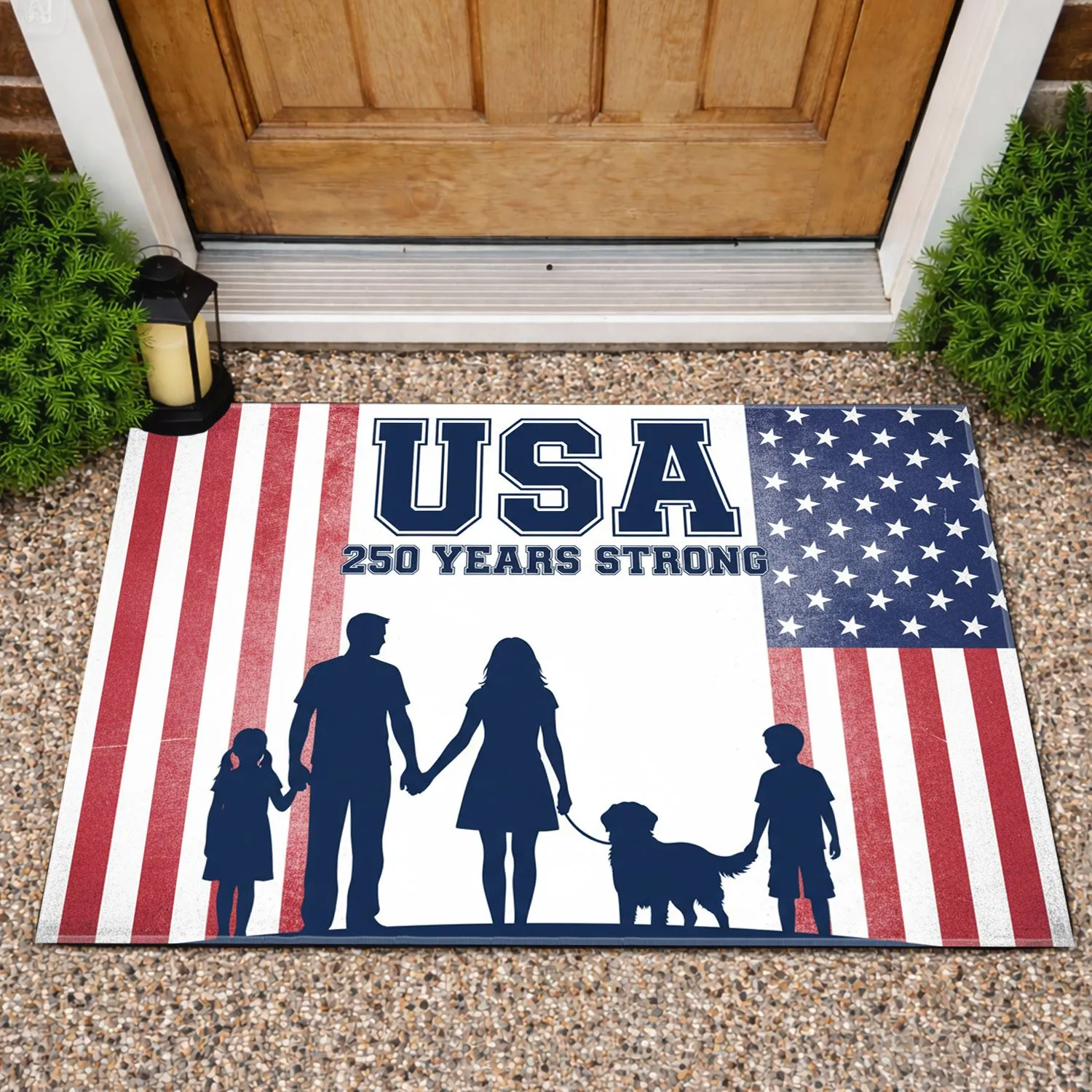 USA 250 Years Strong Family Silhouette - Distressed American Flag Anniversary Doormat - 1