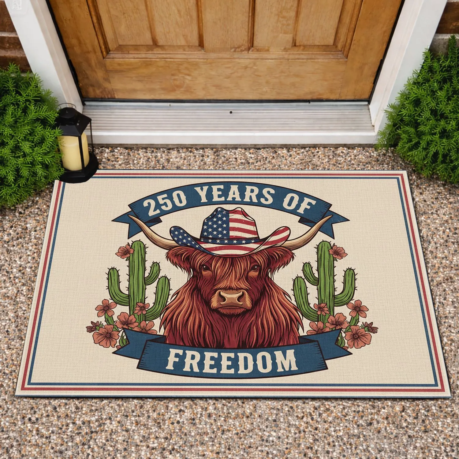 Highland Cow American Flag Cowboy Hat - USA 250 Years of Freedom Patriotic 1776-2026 Doormat - 1