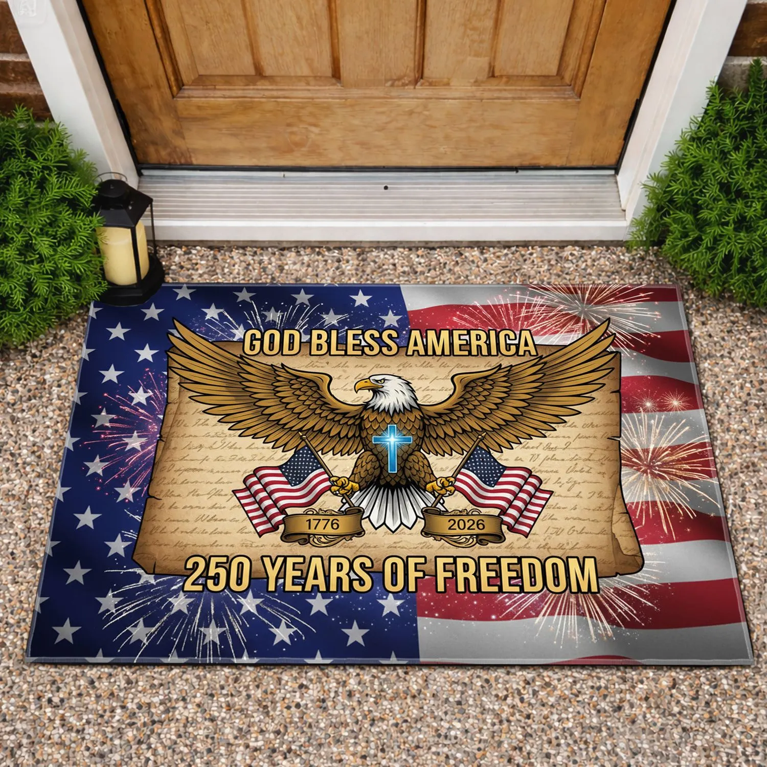 Bald Eagle American Flag Cross 1776-2026 - USA 250 Years of Freedom God Bless America Doormat - 1