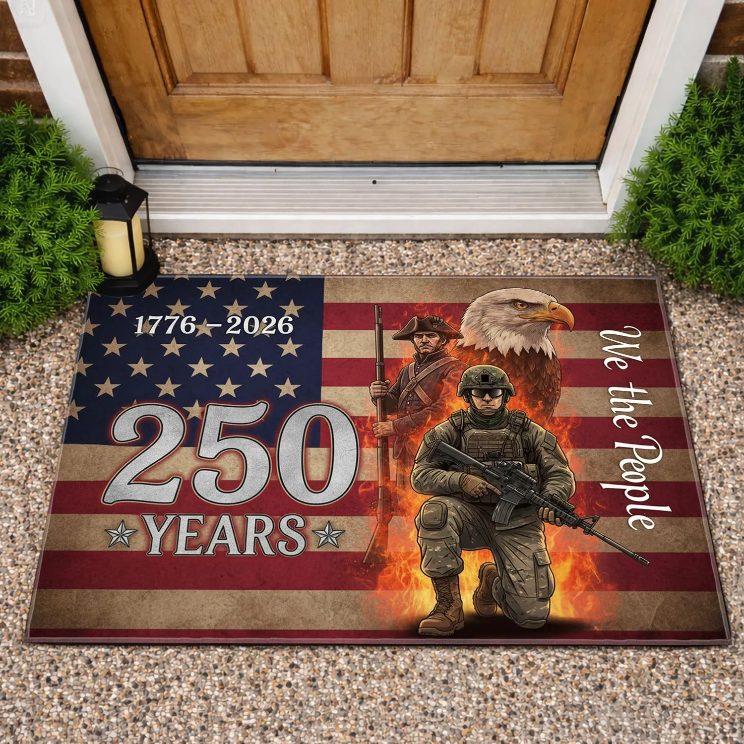 Soldier Minuteman Eagle Distressed American Flag 250th Anniversary (1776-2026) We The People Doormat - 1