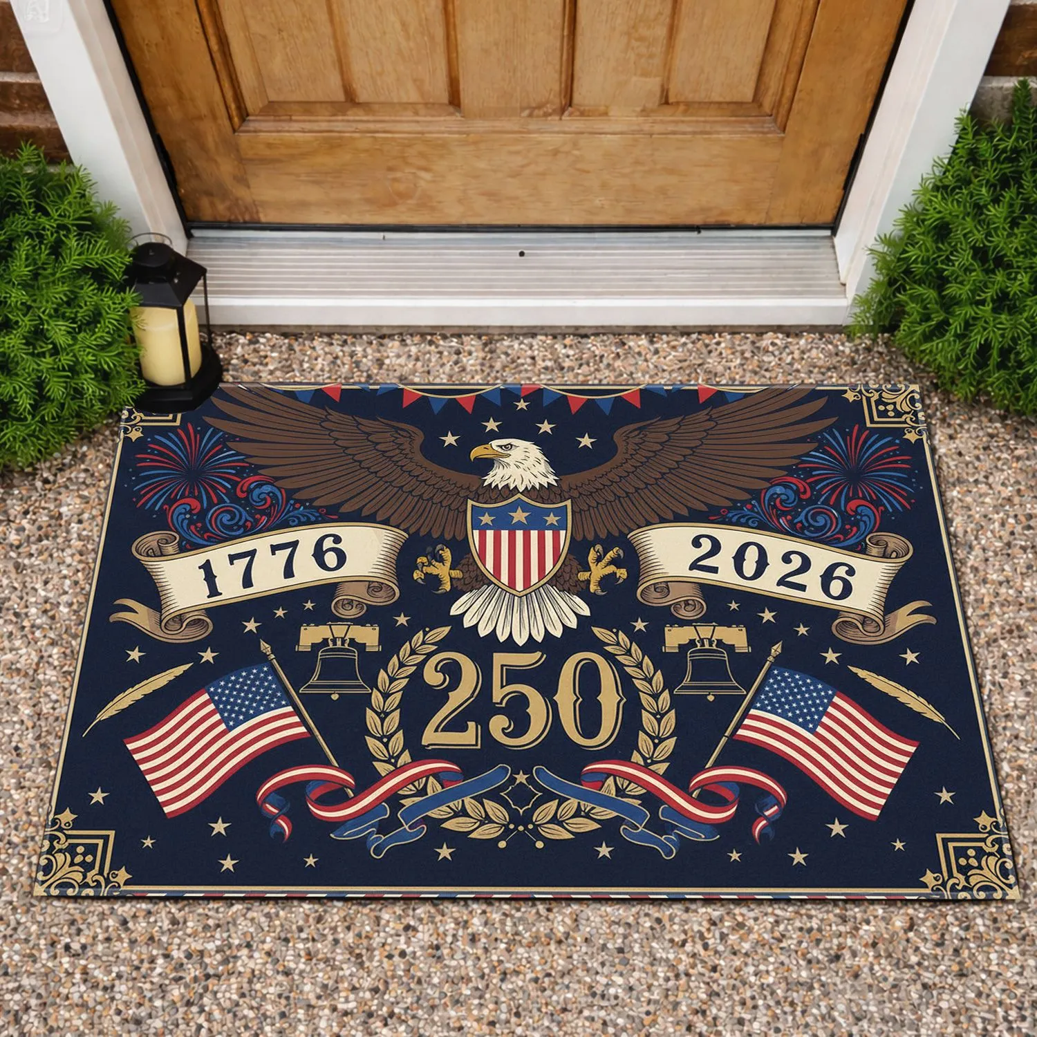 Bald Eagle American Flag 1776-2026 - USA 250th Anniversary Liberty Bell Fireworks Doormat - 1