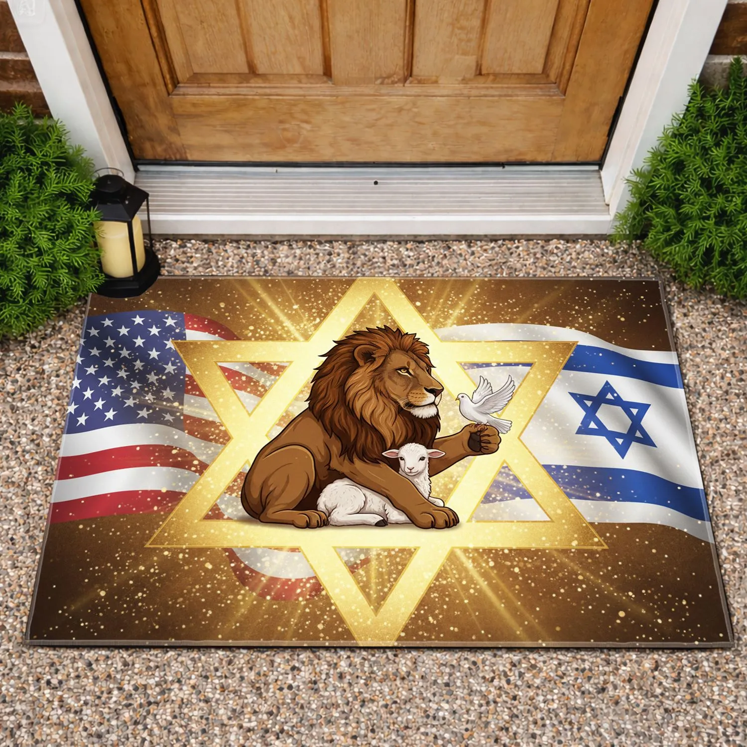 Patriotic Lion Dove Lamb Star of David American Israeli Flag - Unity Peace Symbolism Doormat - 1