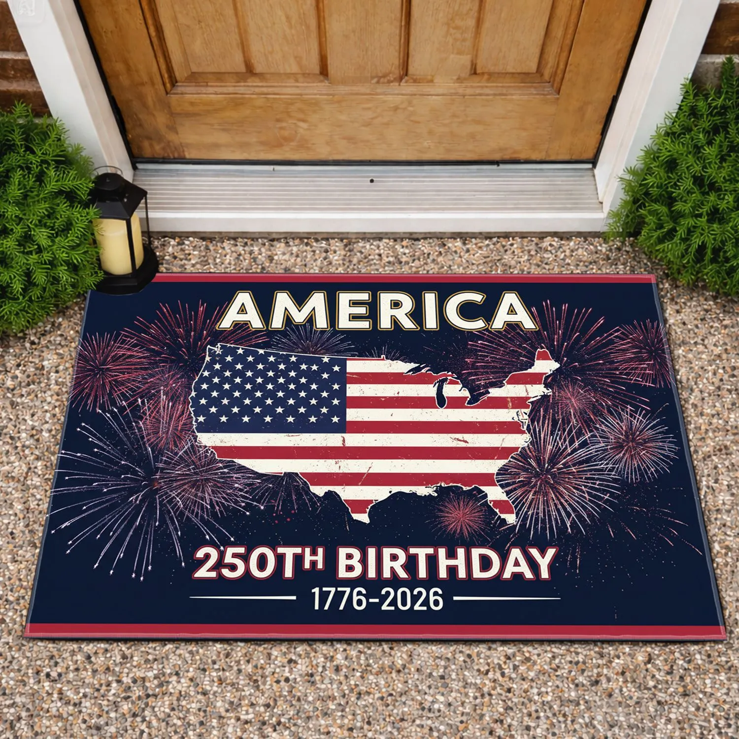 USA Map Flag Fireworks Patriotic America 250th Birthday 1776-2026 Commemoration Doormat - 1