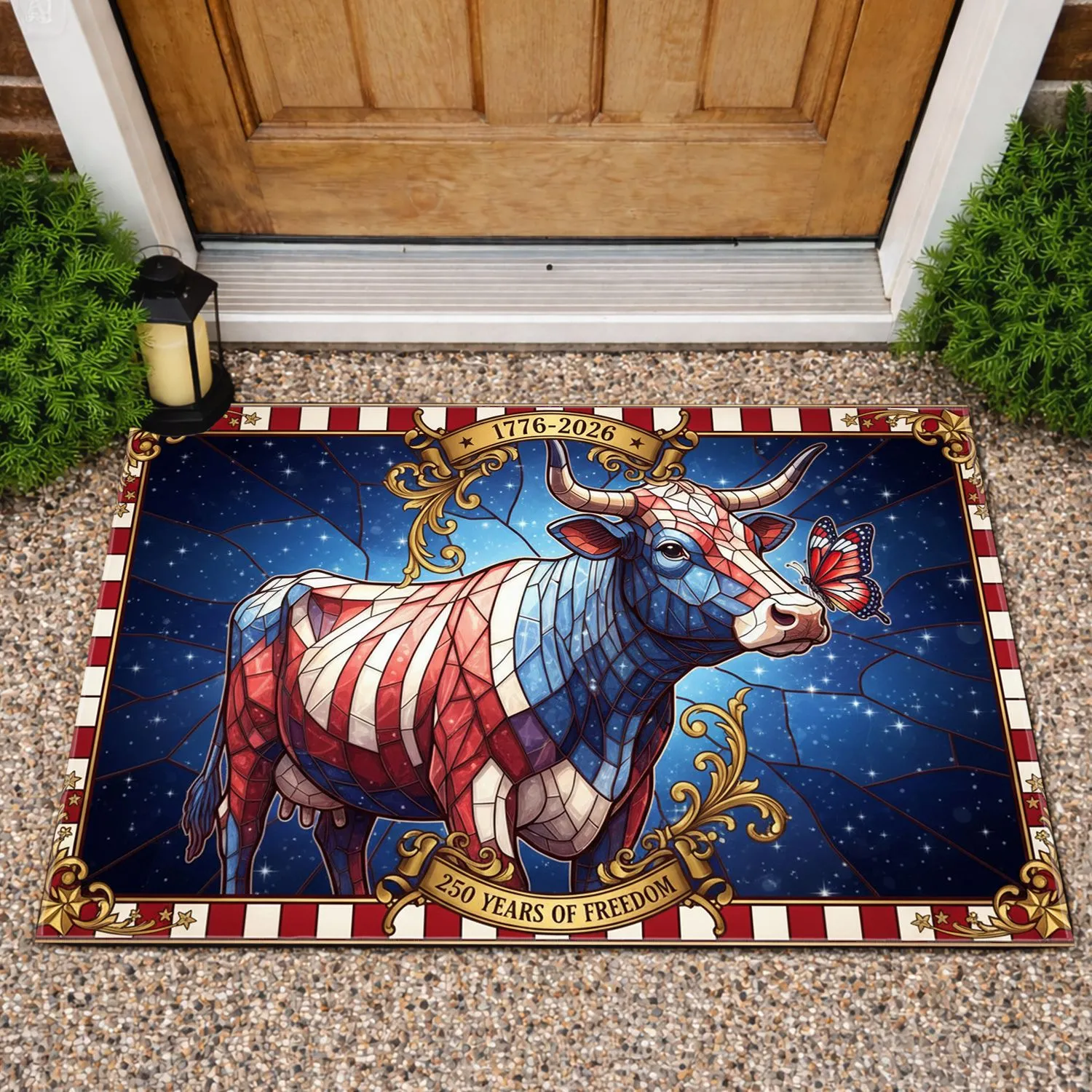 Stained Glass Patriotic Cow Butterfly, Stars & Stripes - USA 250th Anniversary 1776-2026 Doormat - 1