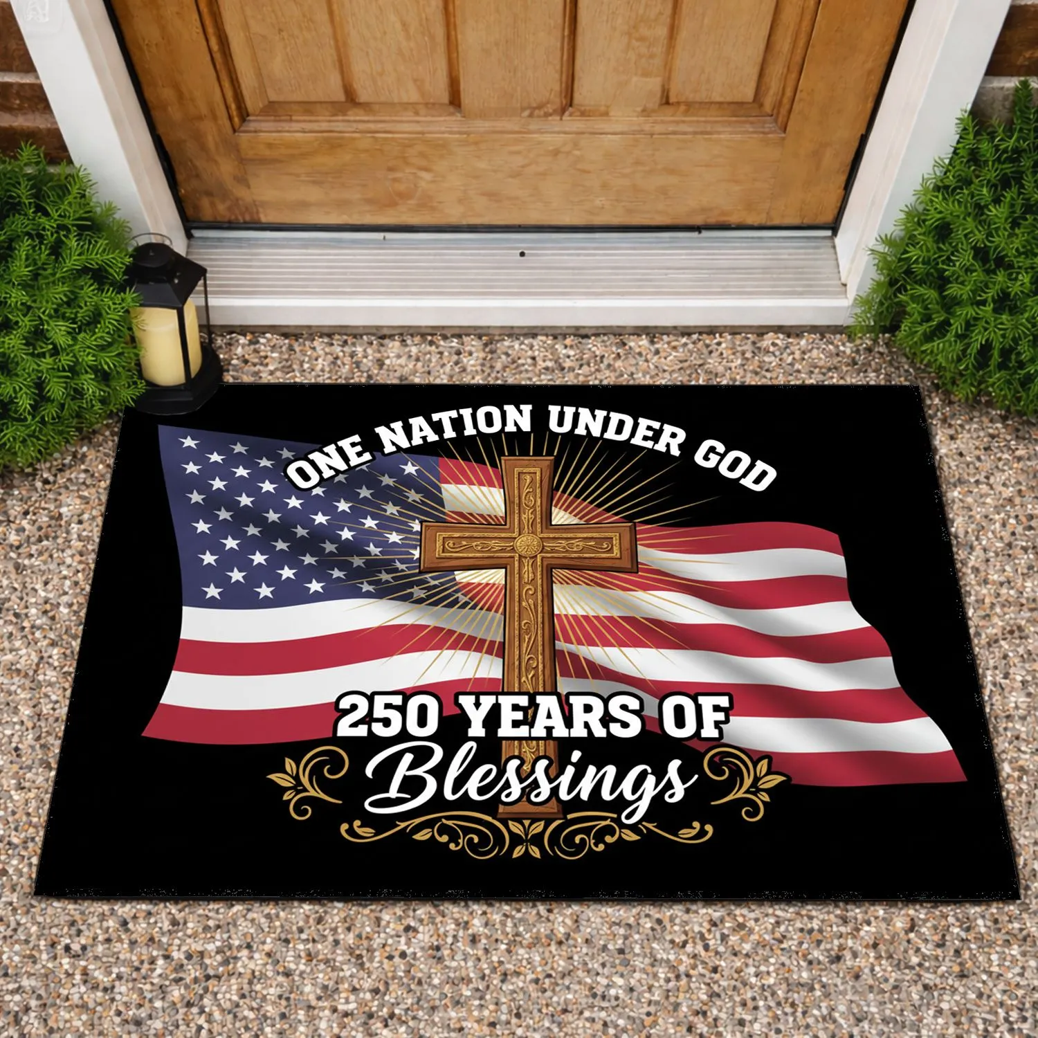 American Flag Cross 'One Nation Under God' - USA 250th Anniversary Blessings 1776-2026 Doormat - 1