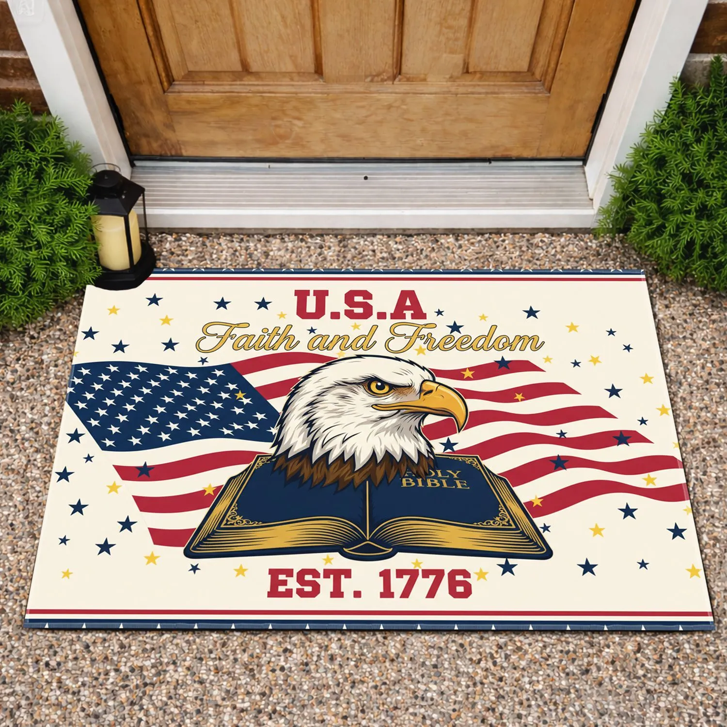 Bald Eagle American Flag Holy Bible Faith Freedom 1776-2026 - USA 250th Anniversary for Veterans Doormat - 1