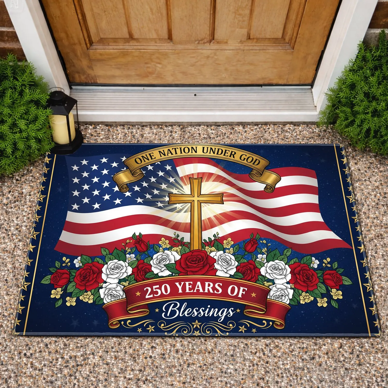 Golden Cross American Flag 1776-2026 - USA One Nation Under God 250th Anniversary Doormat - 1