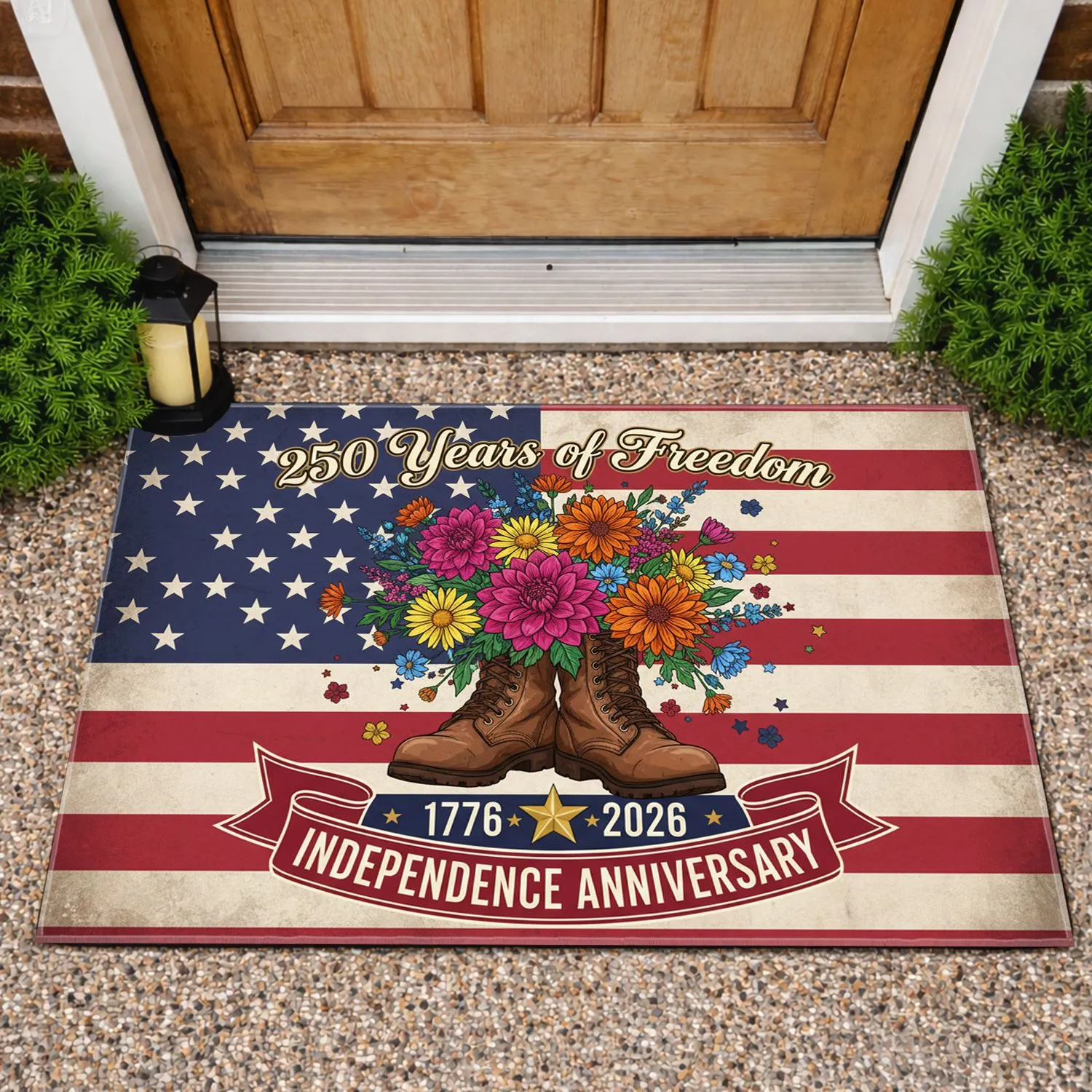 Weathered Boots Floral Flag 1776-2026 - USA 250 Years of Freedom Independence Anniversary Doormat - 1