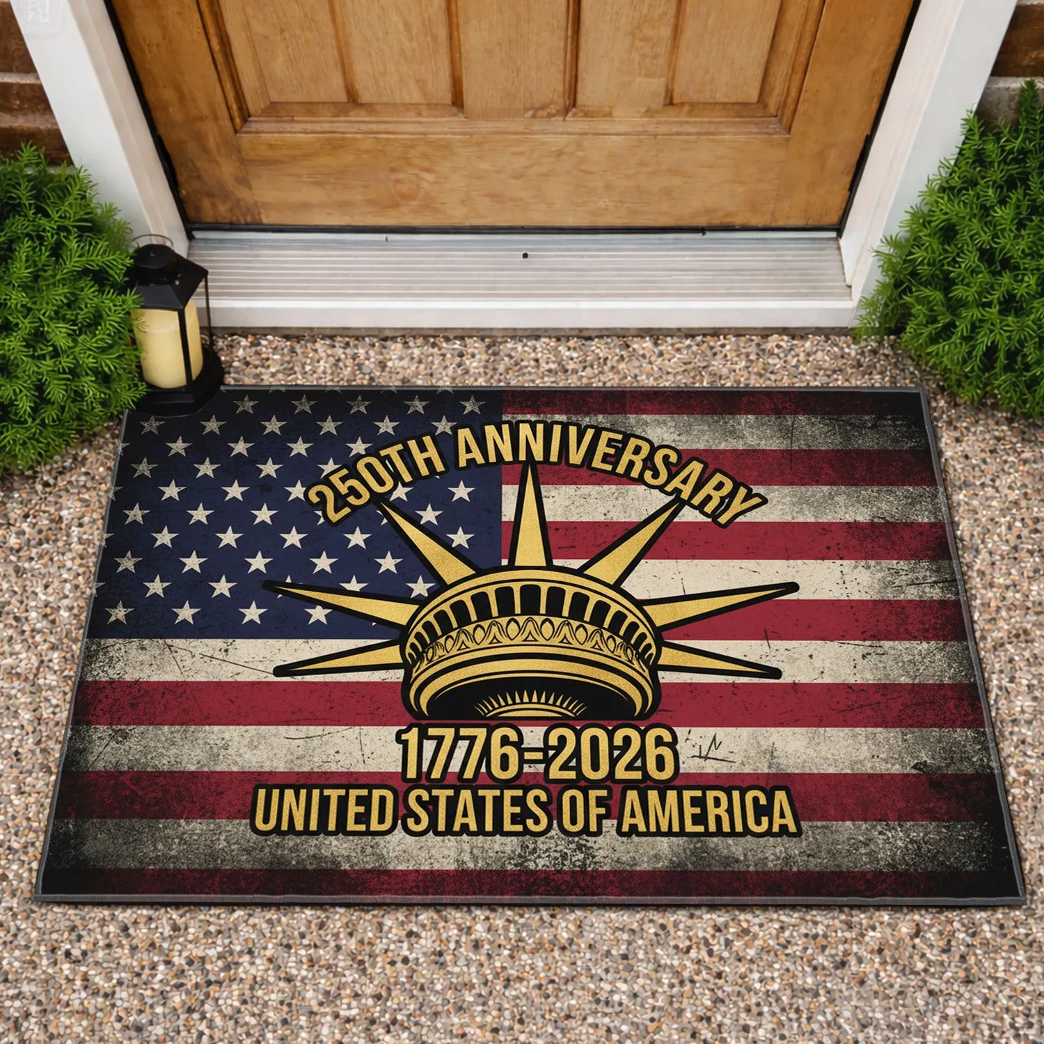 Statue of Liberty Emblem Distressed American Flag 1776-2026 USA 250th Anniversary Doormat - 1