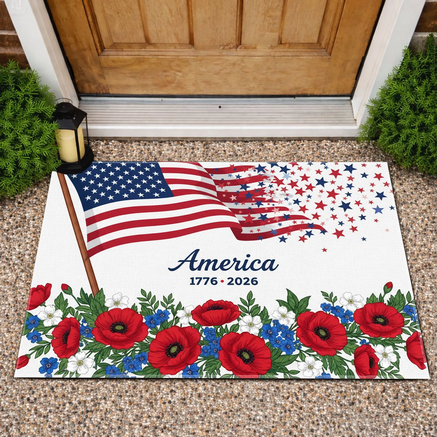 Waving American Flag "America" 1776-2026 Floral - USA 250th Anniversary Patriotic Design Doormat - 1