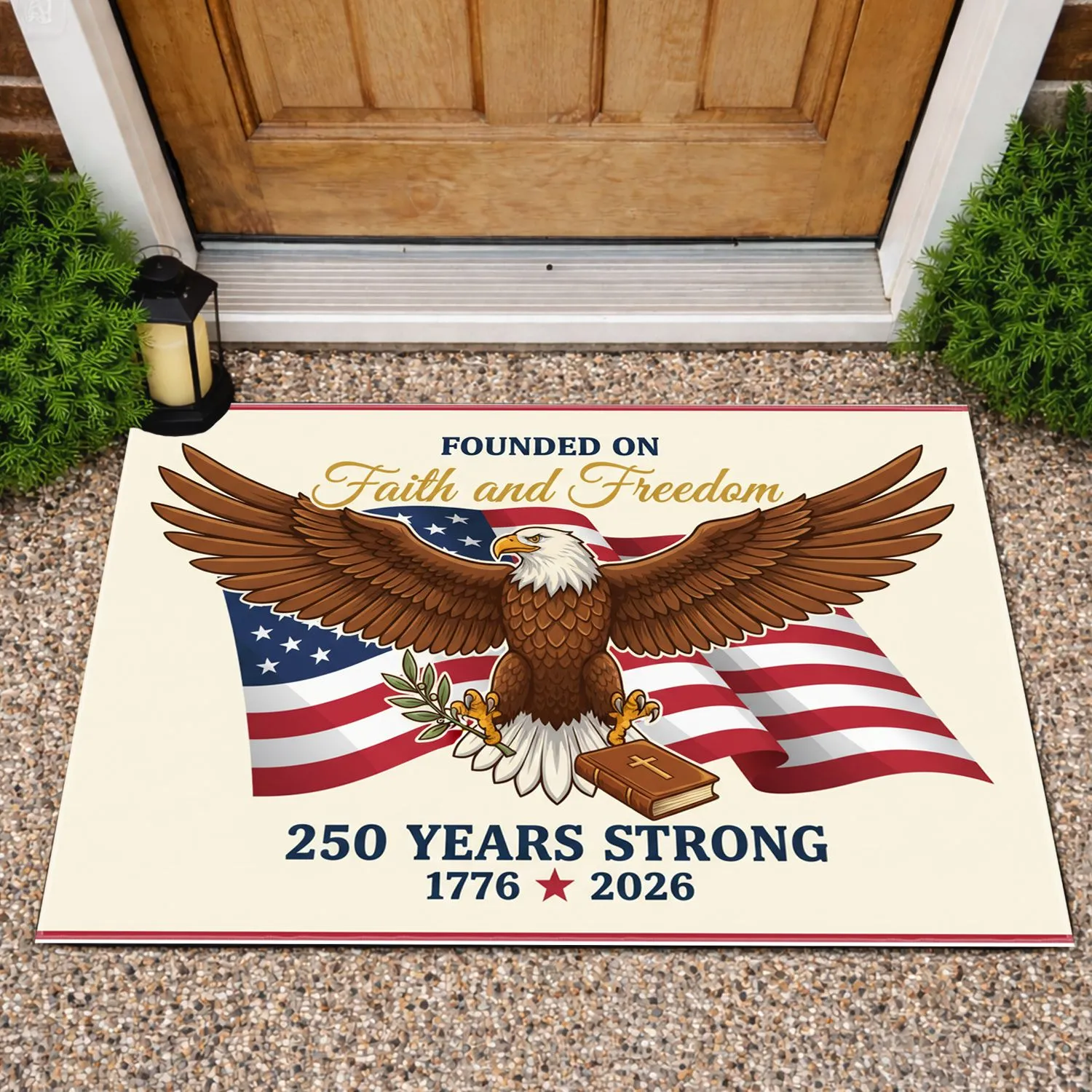 Bald Eagle American Flag 1776-2026 - Founded On Faith & Freedom USA 250th Anniversary Doormat - 1