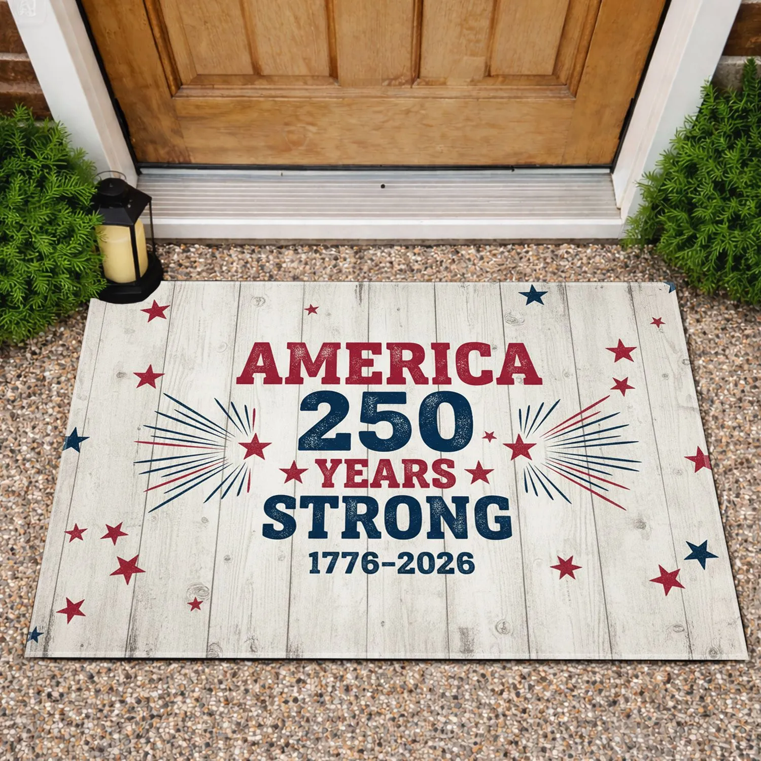America 250 Years Strong 1776-2026 Patriotic Stars Rustic Wood - USA 250th Anniversary Doormat - 1