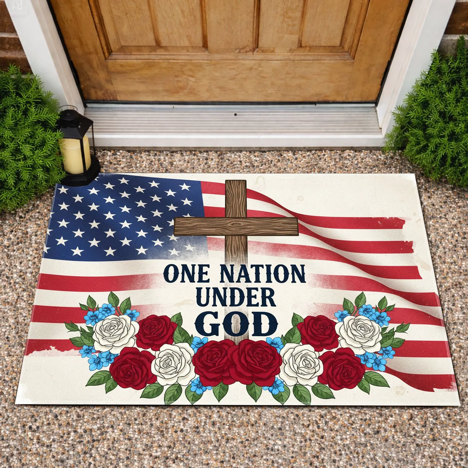 Cross American Flag 'One Nation Under God' Floral Wreath - USA 250th Anniversary 1776-2026 Doormat - 1