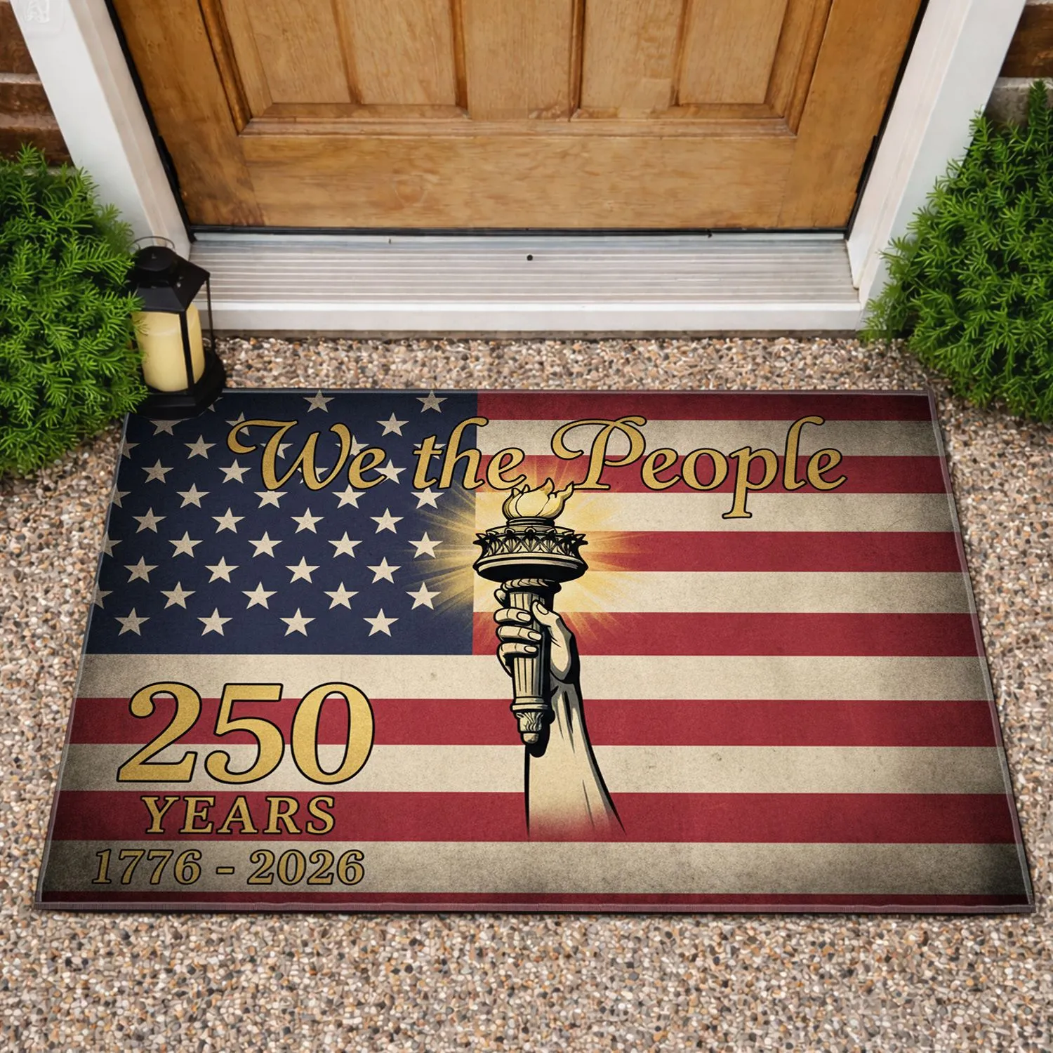 Patriotic Distressed Flag We the People Liberty Torch 250th Anniversary 1776-2026 Doormat - 1