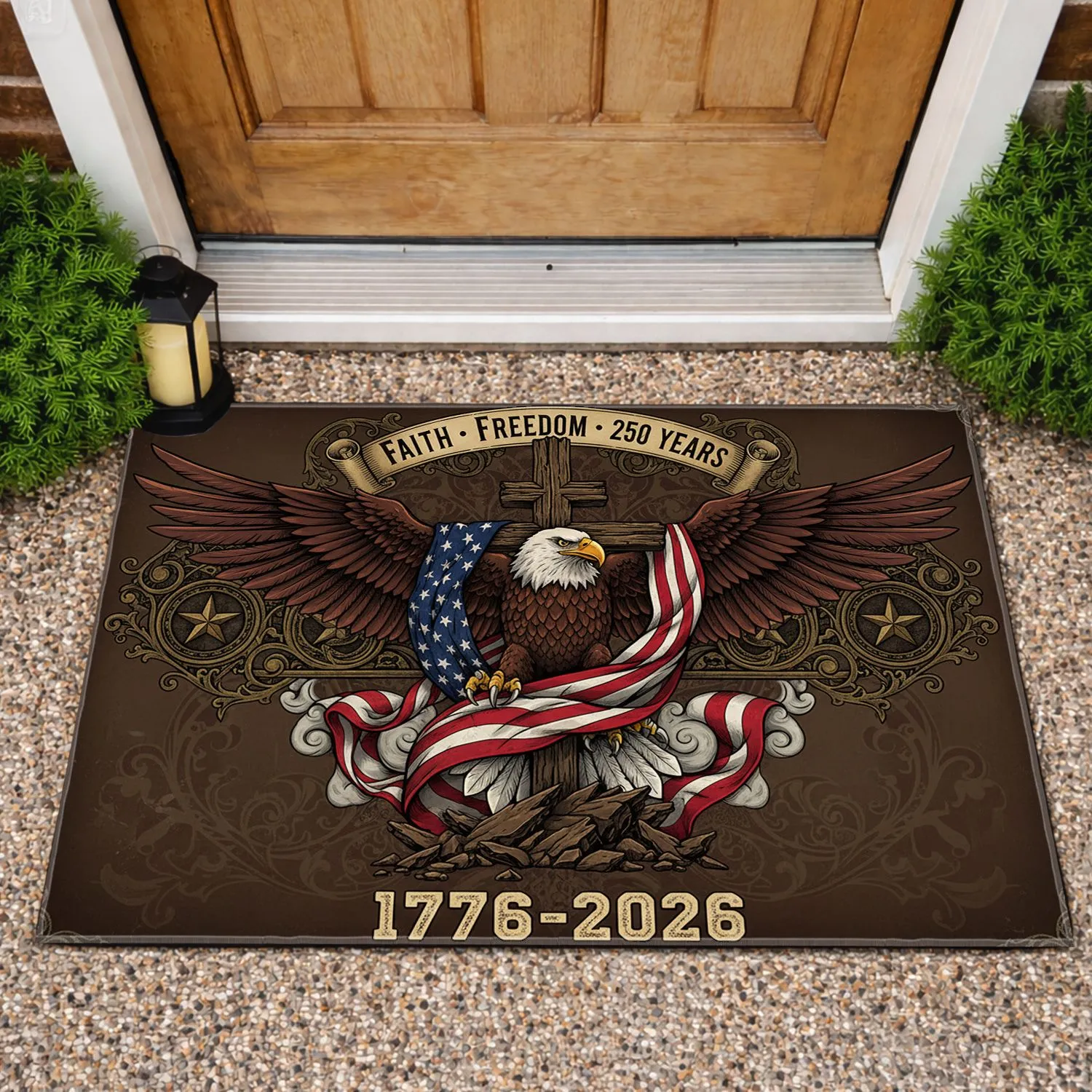 Bald Eagle American Flag Cross 1776-2026 - Patriotic Faith Freedom 250th Anniversary USA Doormat - 1