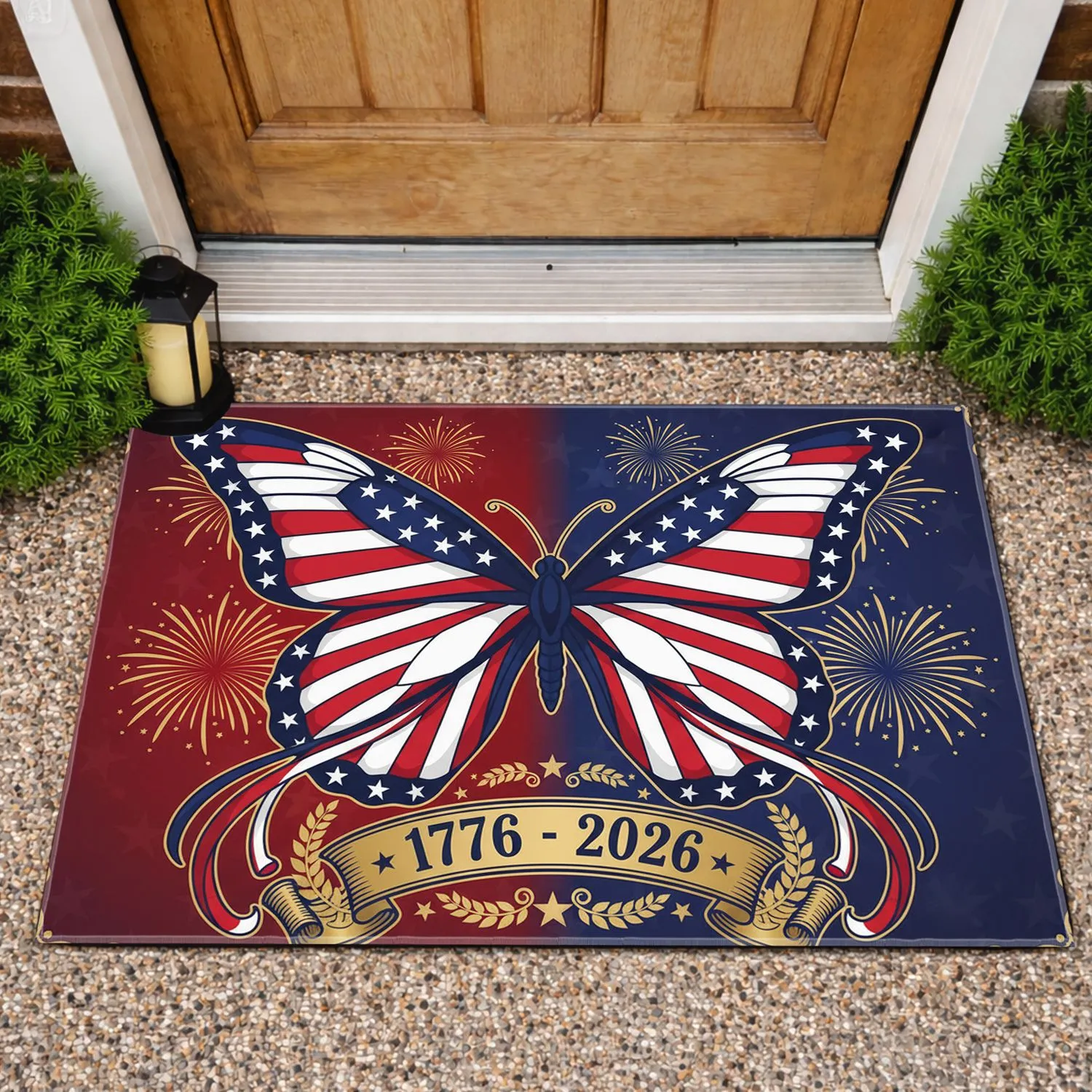 Stained Glass American Flag Butterfly 1776-2026 - USA 250th Anniversary Patriotic Doormat - 1