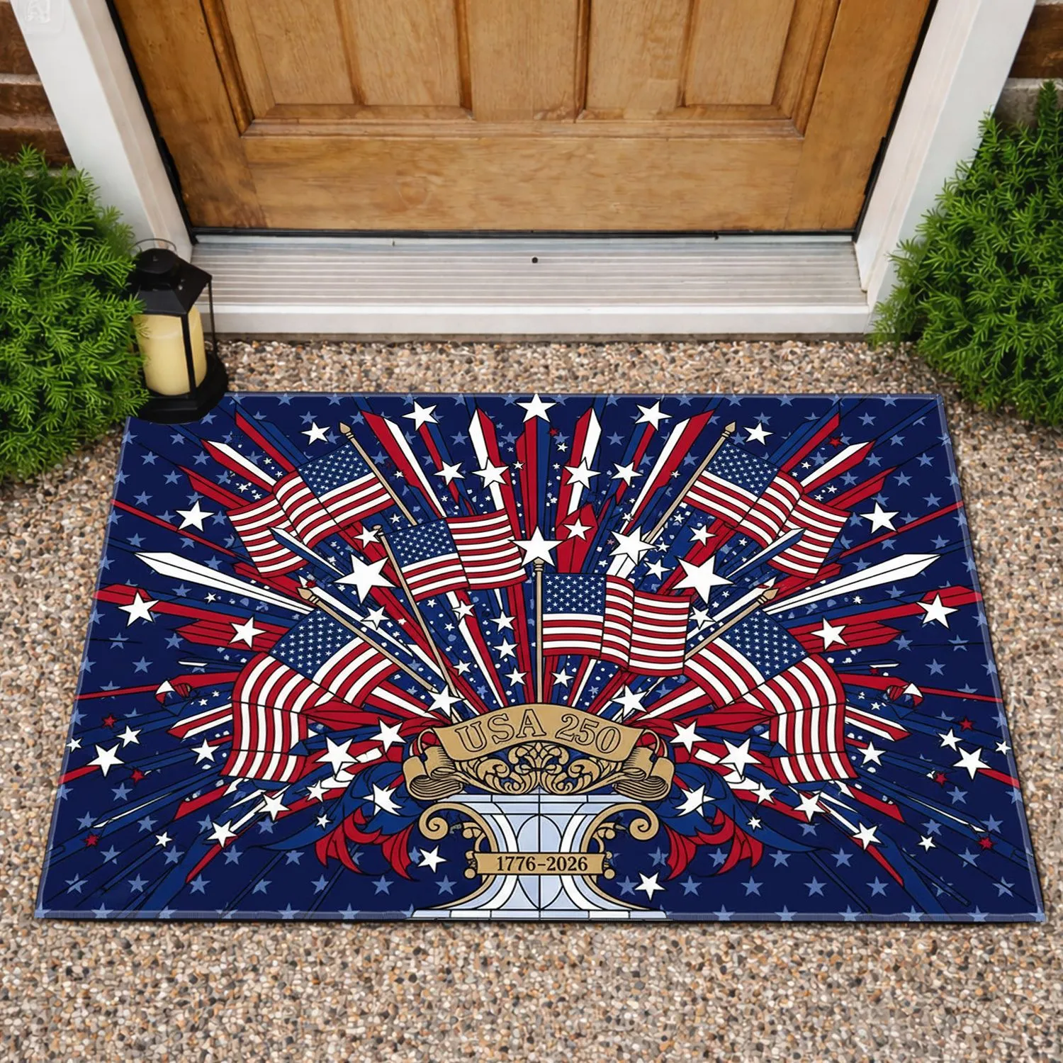 Stained Glass USA 250 American Flag - 1776-2026 Anniversary Patriotic Display Doormat - 1