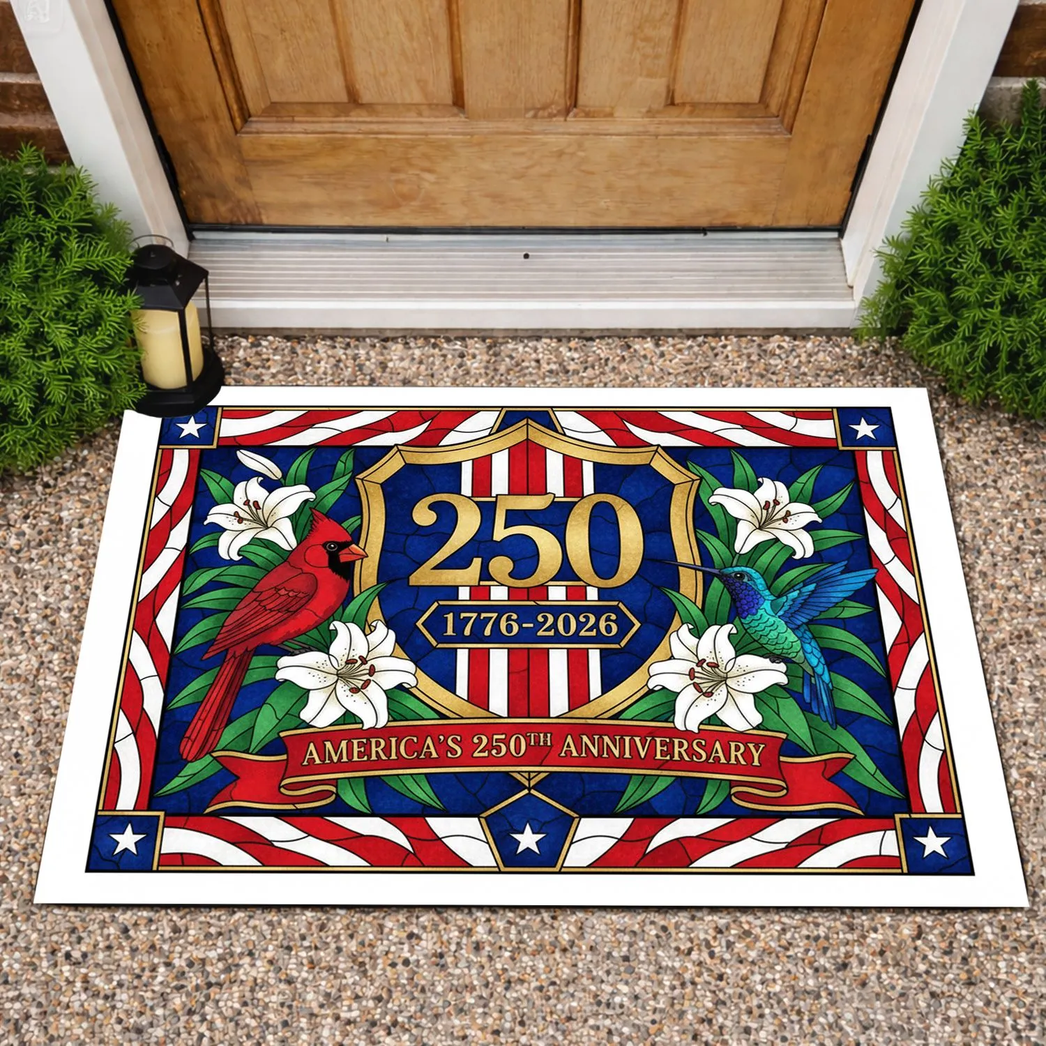 Patriotic 250th Anniversary Shield Cardinal Hummingbird - USA 1776-2026 Independence Day Doormat - 1