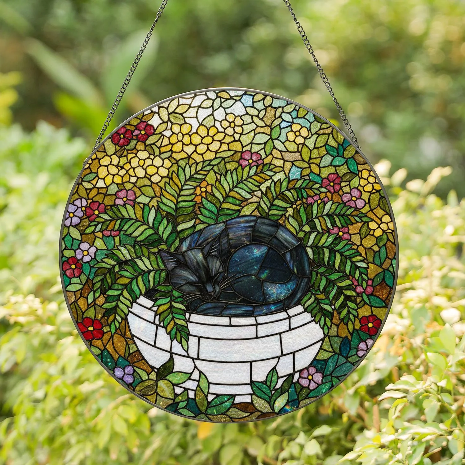 Sleeping Black Cat Stained Glass Garden Fern Planter - Tiffany Mosaic Jewel Tone Rainbow Stained Glass Suncatcher - 1