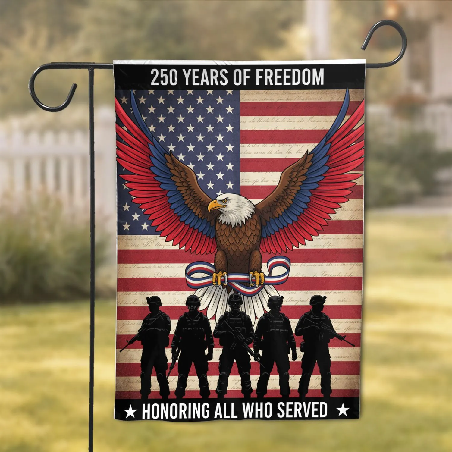 Bald Eagle American Flag Soldiers 1776-2026 - USA 250 Years of Freedom Tribute Garden Flag - 1