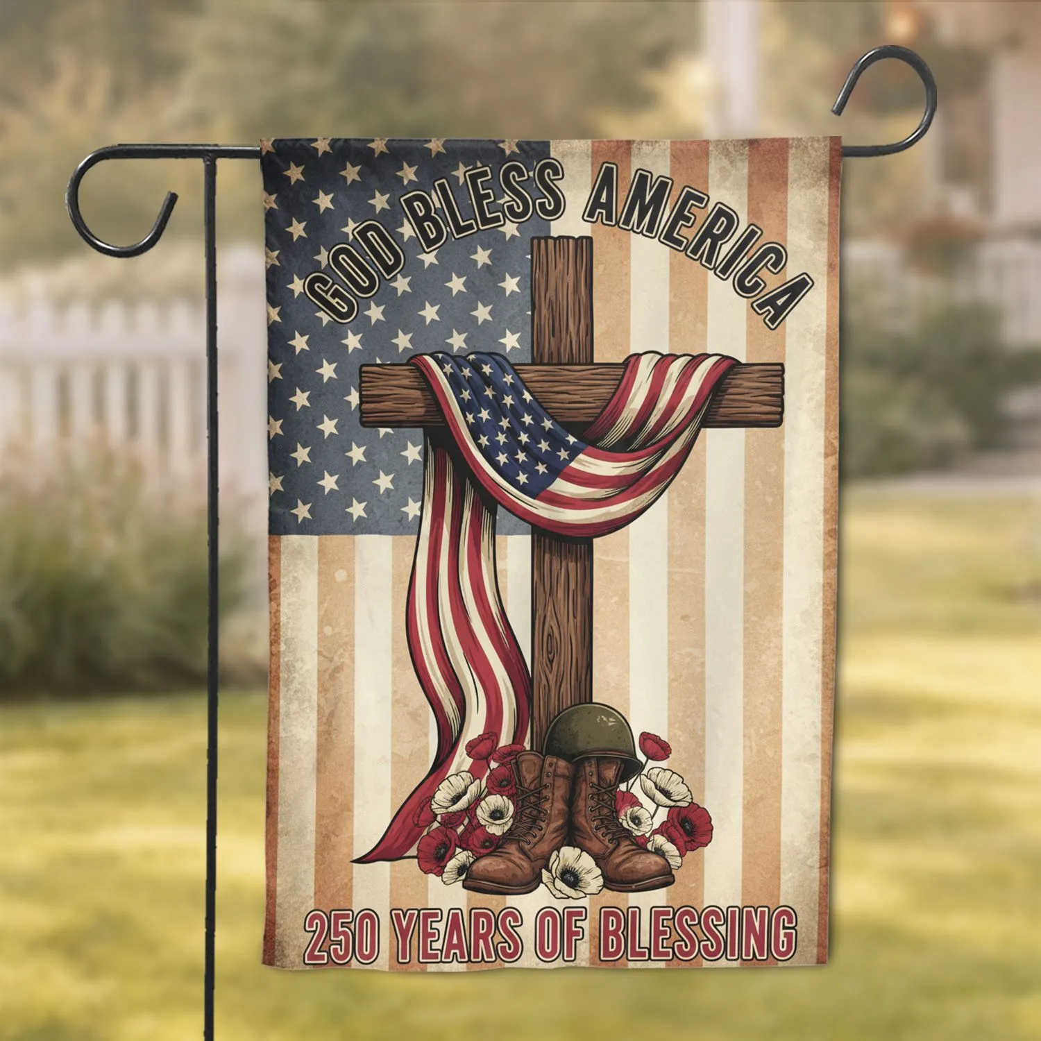 Cross American Flag Military Boots Helmet Poppies - USA 250th Anniversary God Bless America Garden Flag - 1
