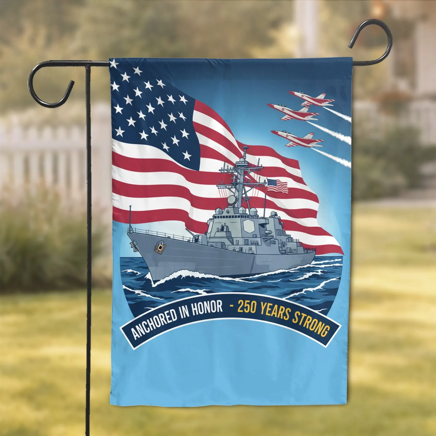US Navy Destroyer American Flag Fighter Jets - 250th Anniversary 1776-2026 Military Gift Garden Flag - 1