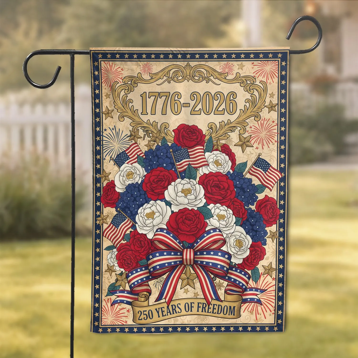 Roses Peonies Hydrangeas Flag 1776-2026 - USA 250th Anniversary Years of Freedom Garden Flag - 1